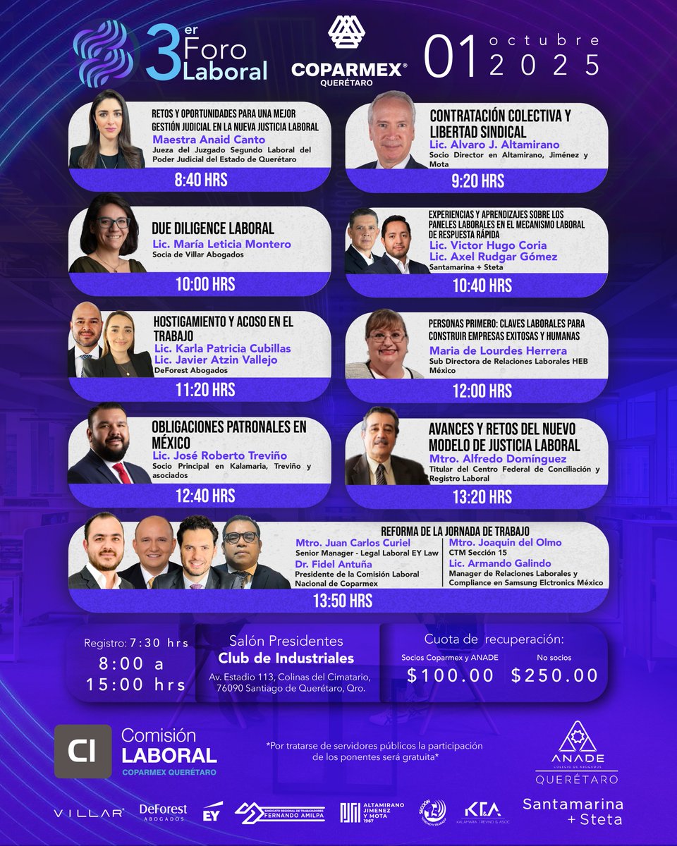 coparmexqro1's tweet image. ¡Ya puedes conocer el programa oficial!
Un encuentro con expertos, autoridades y empresarios para analizar los retos y oportunidades del entorno laboral actual. 
Regístrate aquí: forms.gle/qZiBGnqPAKcTdL…
#ForoLaboral2025 #CoparmexQuerétaro #TransformaciónLaboral