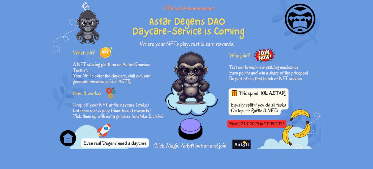 🍼 Astar Degens DO need daycare...
...and now your NFTs get one too. 😂

Drop ‘em off → let ‘em rest → scoop $ASTR rewards &amp; goodies.

🍌 Prize pool: 10k ASTR + NFT raffle
✨ Do all onchain quests = mint a Badge NFT on <a href="/AstarNetwork/">Astar Network</a> 

Daycare open: 22–29 Sept