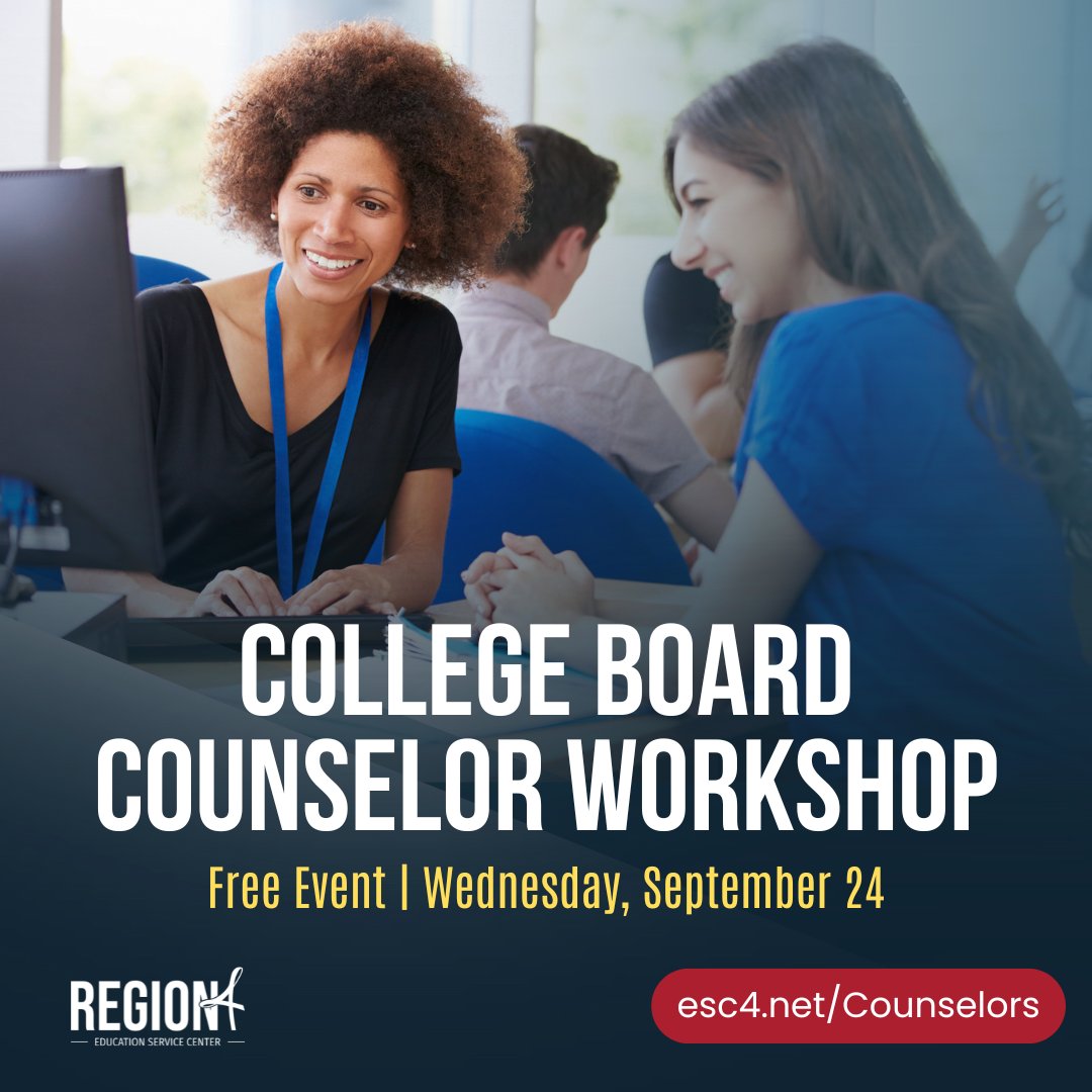 Stay ahead with the latest College Board updates, resources, and financial aid tools.

Join the College Board Counselor Workshop Wednesday, Sept. 24 at Region 4 ESC.

Free registration closes tomorrow—save your spot now! bit.ly/R4ARC-CollegeB…