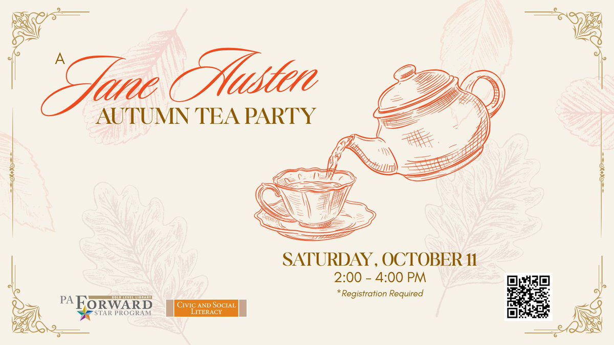 Slip into another century at our Jane Austen Autumn Tea Party. Learn about Austen’s life, test your knowledge in trivia, enjoy tea &amp; scones, crafts, dancing, music &amp; prizes. Regency attire encouraged! Register: bit.ly/CCLJaneAustenT…