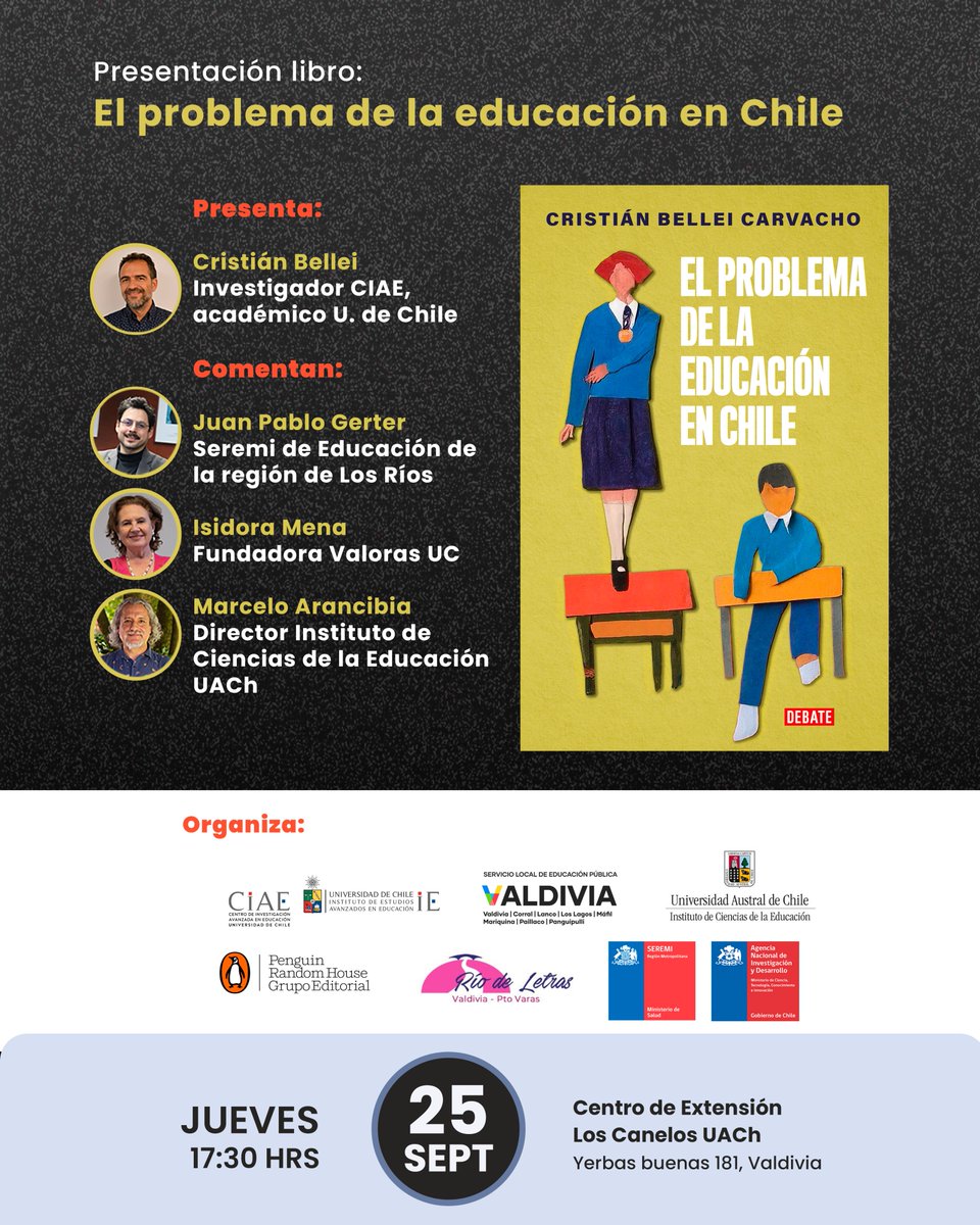 "El problema de la educación" se presenta en Valdivia. Actividad libre, gratis y cariñosa. Les esperamos.
<a href="/ciae_uchile/">CIAE - U. de Chile</a> <a href="/penguinlibroscl/">Penguin Chile</a> <a href="/UAustraldeChile/">Universidad Austral de Chile</a> <a href="/ValorasUC/">Valoras UC</a>