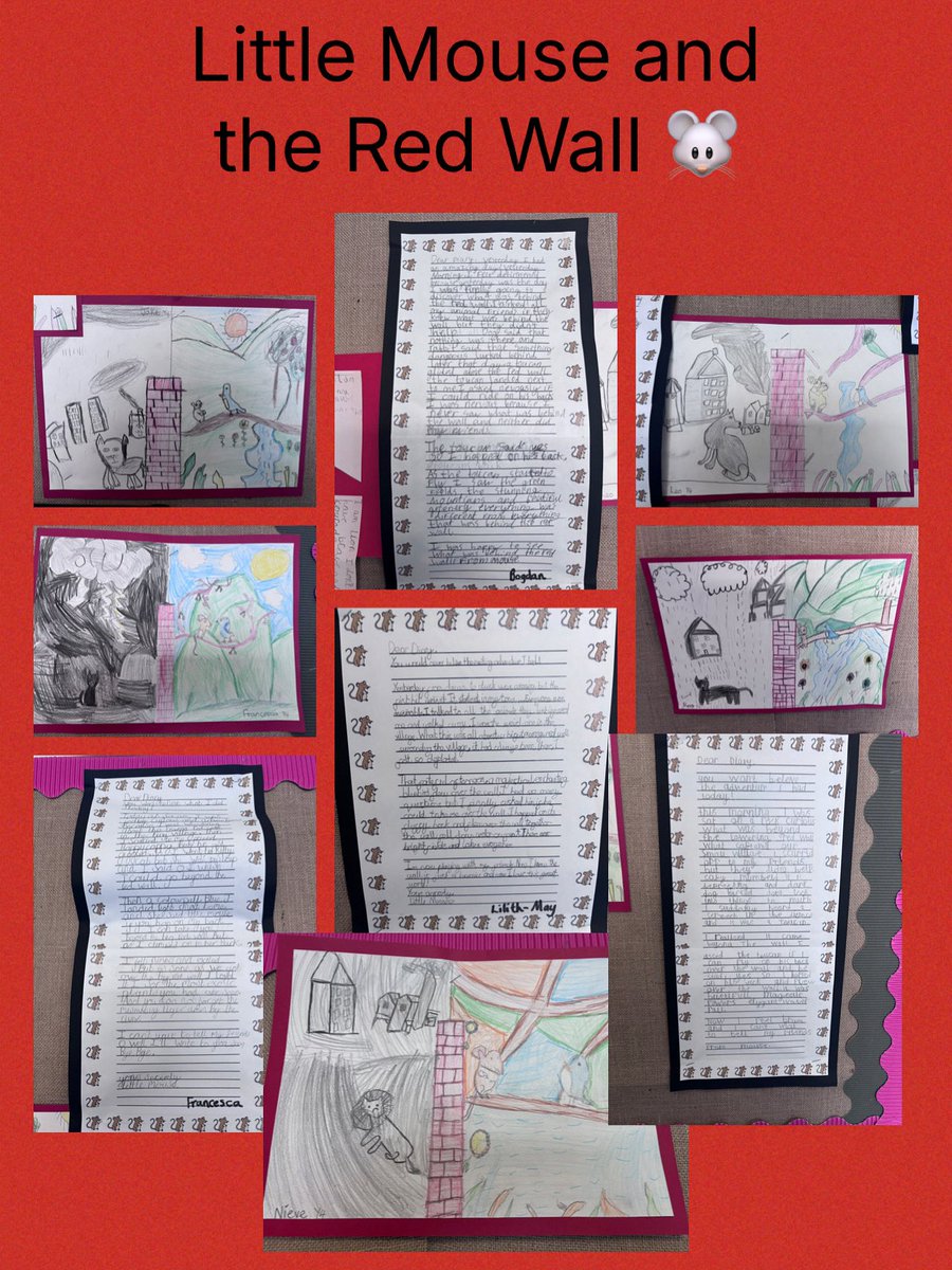 Y4 work, based on our whole school text, The Little Mouse and the Red Wall. We wrote a diary entry from the mouse’s perspective including events and emotions from the text. Our artwork shows opportunities when you overcome barriers, we depicted this using sketching and colour 🖼️