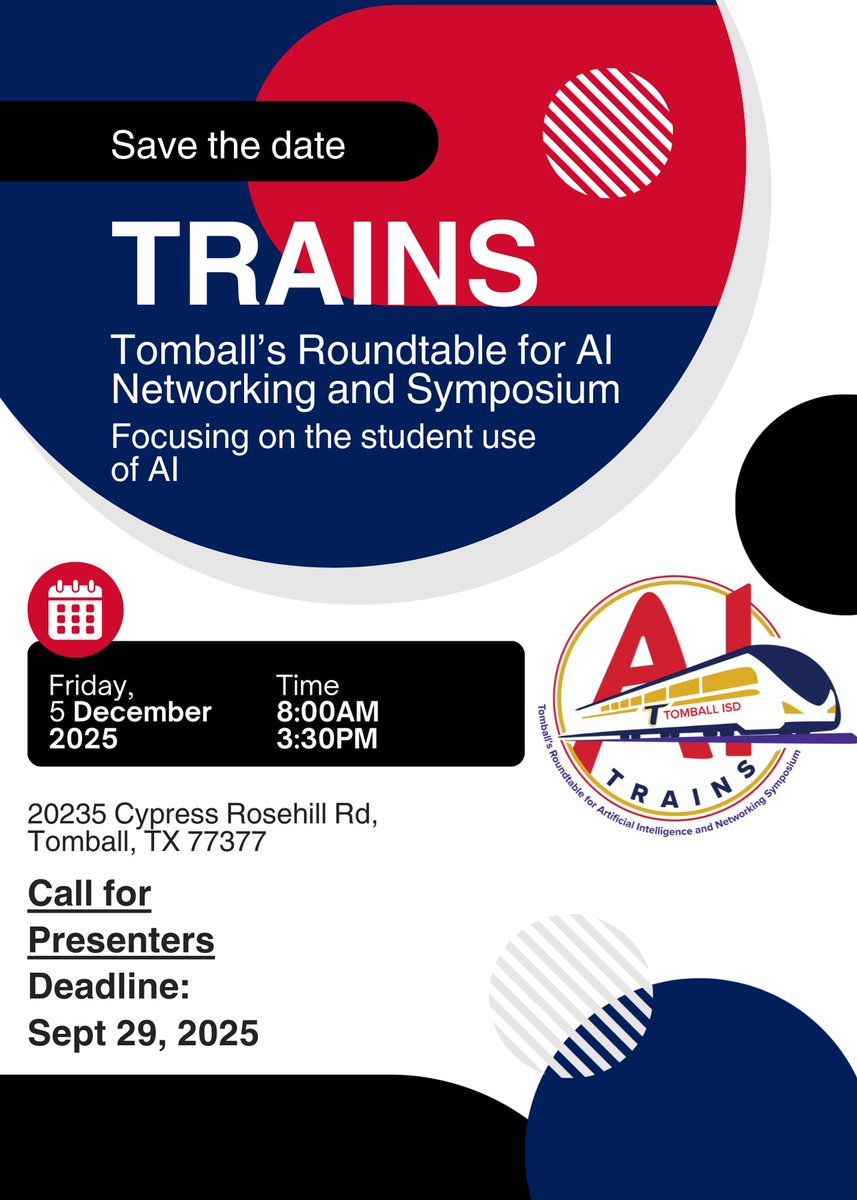 Eric Levels (@ericlevels) on Twitter photo All Aboard! If you are looking to spark student agency in the area of AI, save the date and register for the <a href="/TomballISD/">Tomball ISD</a> FREE show and tell, where we will be discussing and demonstrating our efforts! For presenters: bit.ly/trainspresent. Register via: bit.ly/tisdtrains2025. All Aboard! If you are looking to spark student agency in the area of AI, save the date and register for the <a href="/TomballISD/">Tomball ISD</a> FREE show and tell, where we will be discussing and demonstrating our efforts! For presenters: bit.ly/trainspresent. Register via: bit.ly/tisdtrains2025.