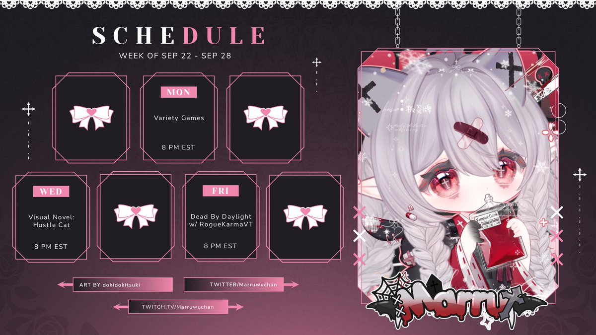 ︶♱︶︶♱︶︶♱︶︶♱︶︶♱︶︶♱
Stream Schedule ; 9.22 to 9.28
Mon, Wed, Fri 8 PM EST
Variety Games, 
Visual Novel w/ <a href="/Deoraivt/">Deorai 🌪️🌩️</a> <a href="/AzraelisLive/">Azrael Abbadon🎪♠️ (Debut coming soon ✨️)</a> <a href="/Bobtuzi/">Bobtuzi</a> 
Dead by Daylight w/ <a href="/RogueKarmaVT/">RogueKarmaVT</a> ;
︶♱︶︶♱︶︶♱︶︶♱︶︶♱︶︶♱

#marrulive | 🎨 dokidokitsuki