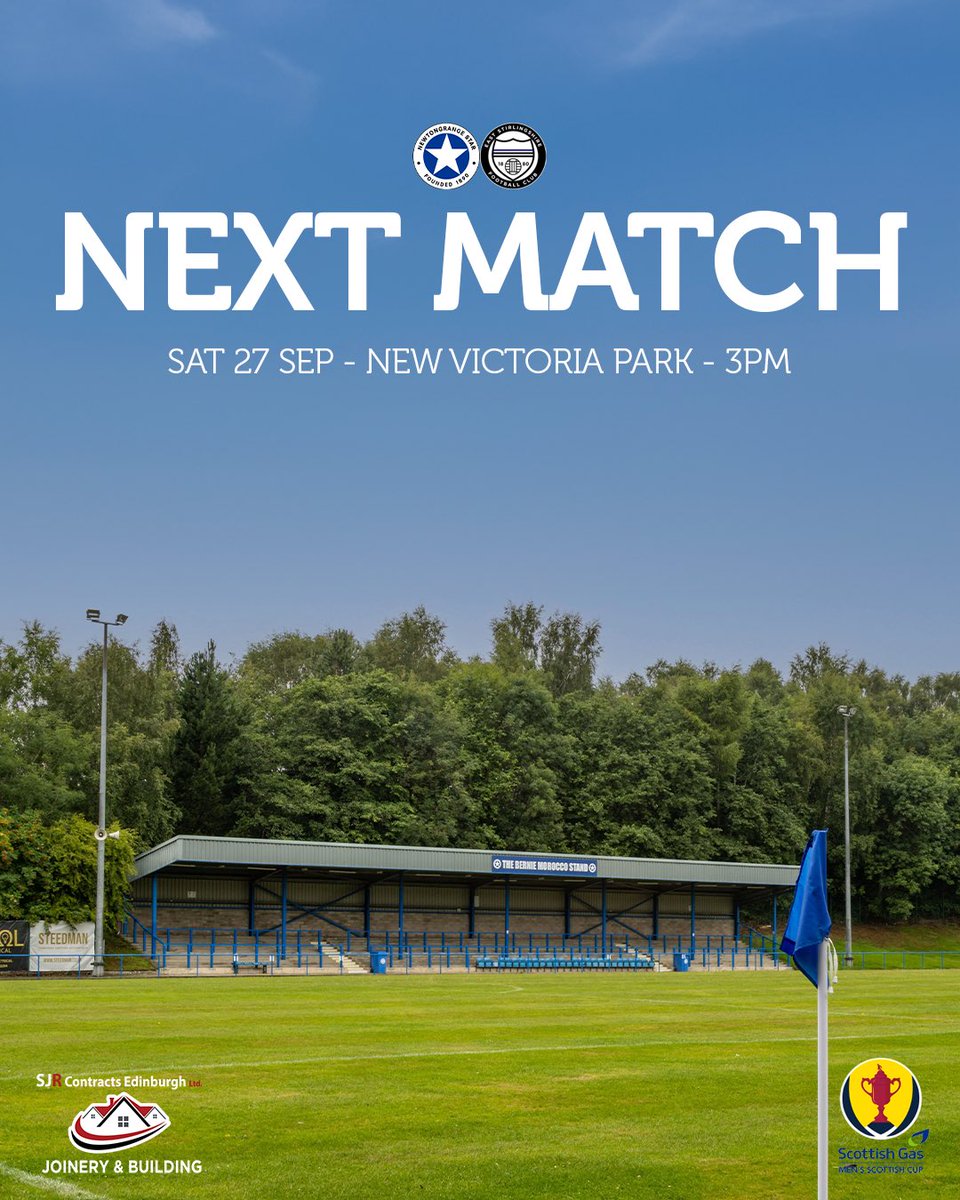 𝐍𝐞𝐱𝐭 𝐌𝐚𝐭𝐜𝐡 🏡 

This Saturday it’s 𝗧𝗵𝗲 𝗦𝗰𝗼𝘁𝘁𝗶𝘀𝗵 𝗖𝘂𝗽 at New Victoria Park and we need your support 💙 

We take on Lowland League side East Stirlingshire in Round 1 of The Scottish Gas Men’s Scottish Cup. 

Pay at the gate, card or cash. 

Adults £10