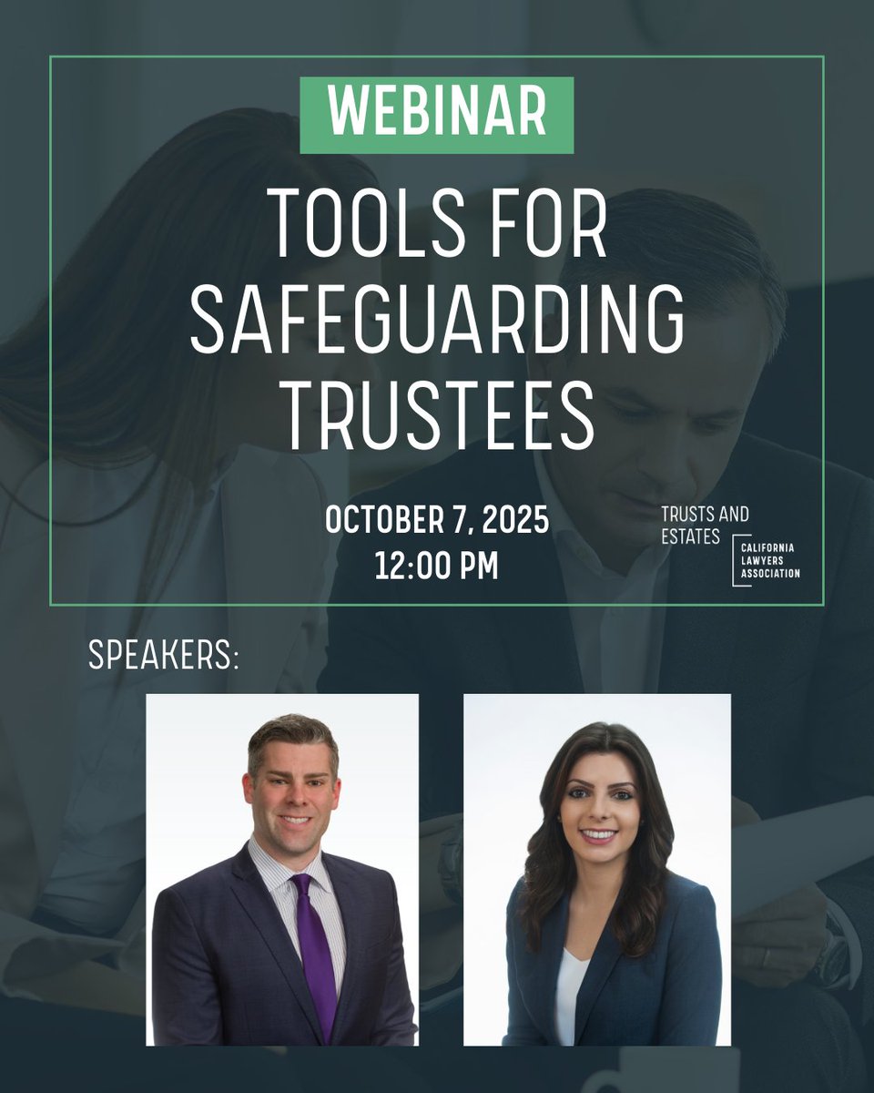 CLATrusts's tweet image. 🎤Speaker Spotlight!

⚖️John Scheerer: trusts, estates &amp;amp; conservatorships — wins in multimillion-$ disputes &amp;amp; appeals.

⚖️Arevik Stepanyan: Berkeley Law grad, ex-Gibson Dunn — now litigating trusts &amp;amp; estates at Sacks Glazier Franklin Lodise LLP.

Register: bit.ly/4mJwiNX