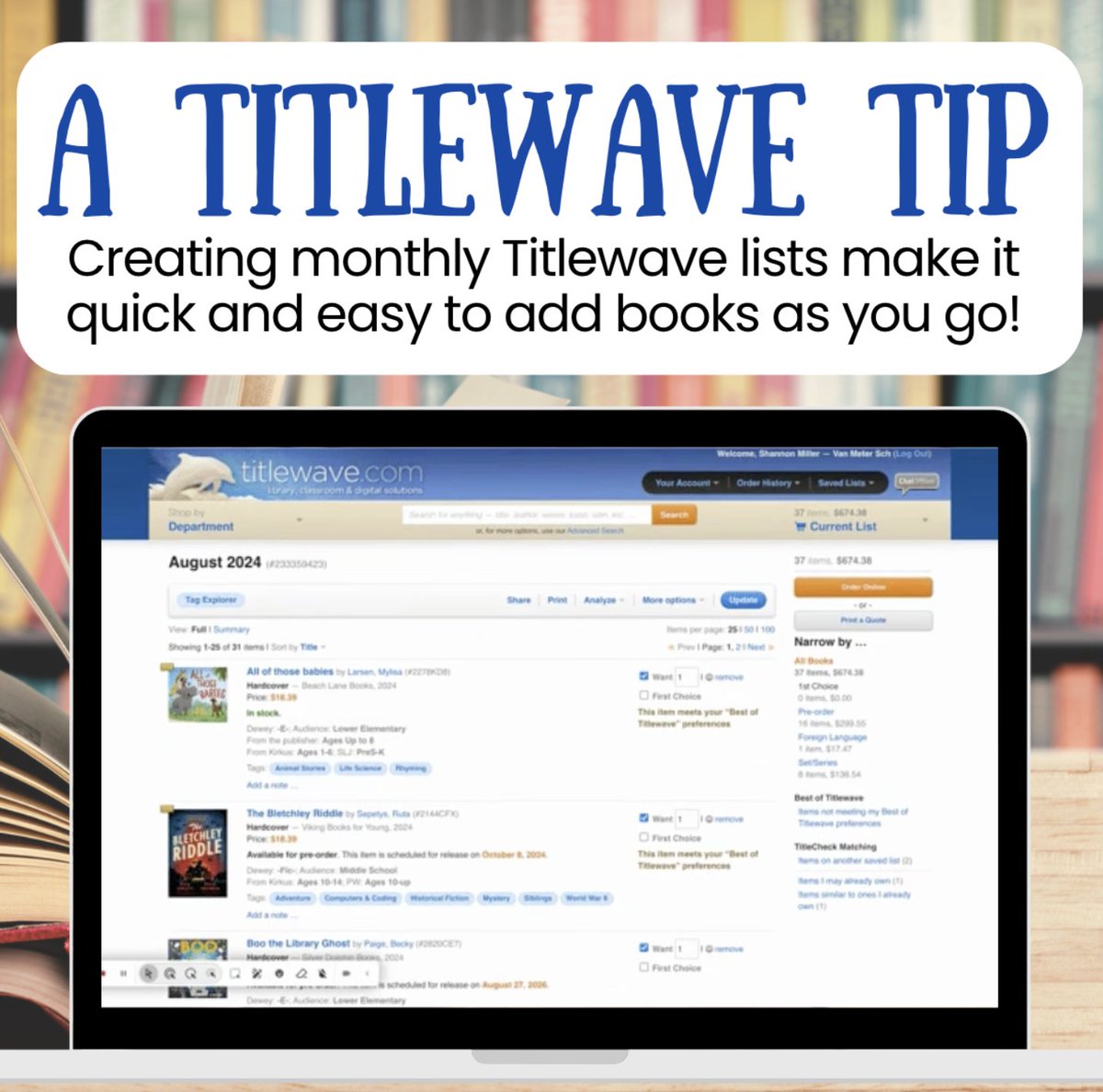 shannonmmiller's tweet image. ✨ I have a Titlewave Tip to share, friends. ✨ 
Creating monthly Titlewave lists make it quick and easy to add books as you go! 📚
Watch my short video to see how I use this for collection development. It's one of my favorite tools!❤️
buff.ly/NA9MDYU
#FutureReadyLibs…