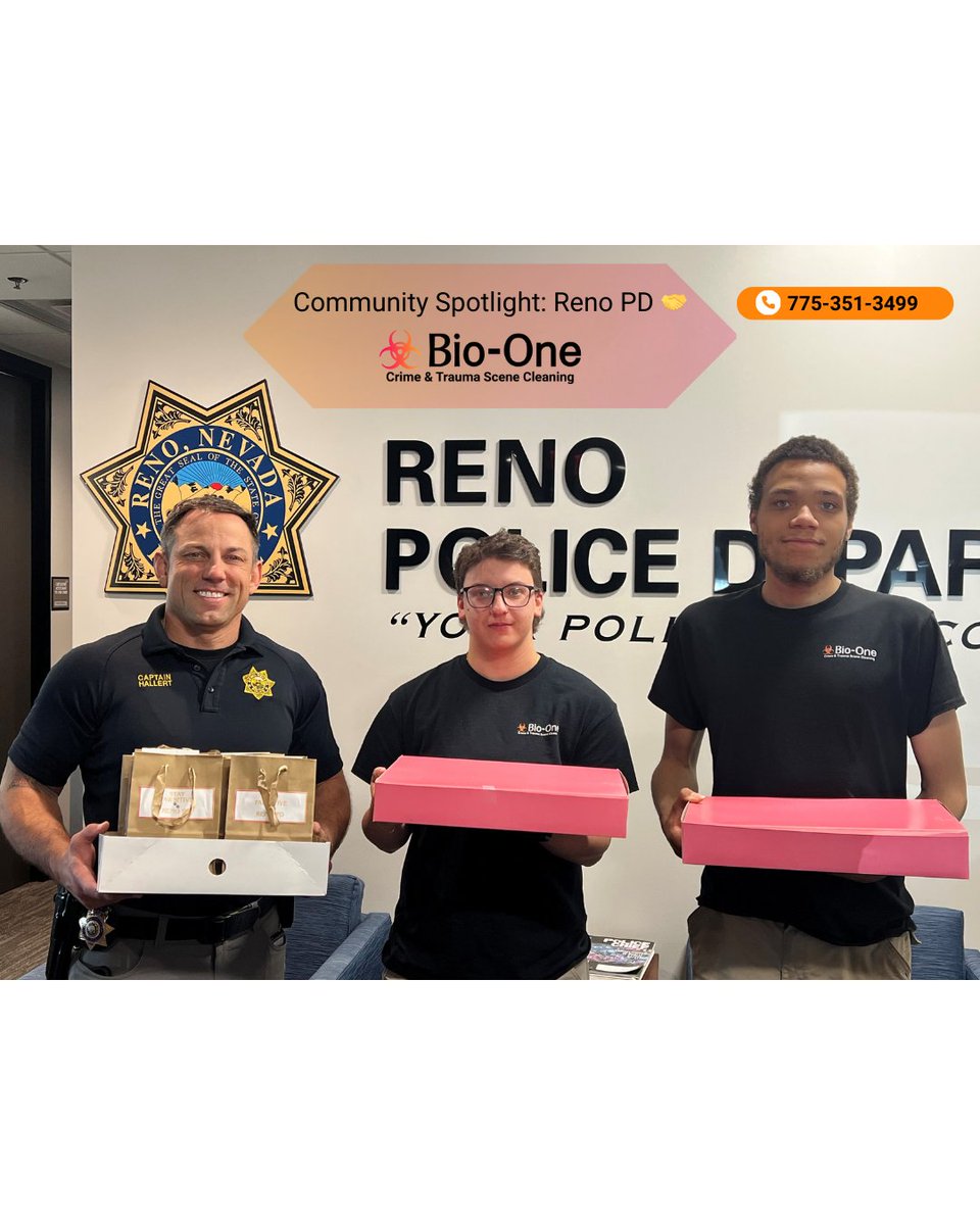 BioOneReno's tweet image. 🍩🐾 Big thanks to @RenoPolice for welcoming us! Our Bio-One Reno team dropped off donuts and K9 treats, and we’re proud to share that we’ve secured a contract to provide on-call cleanups for the RPD. Honored to support our first responders! 💙 #Reno #FirstResponders