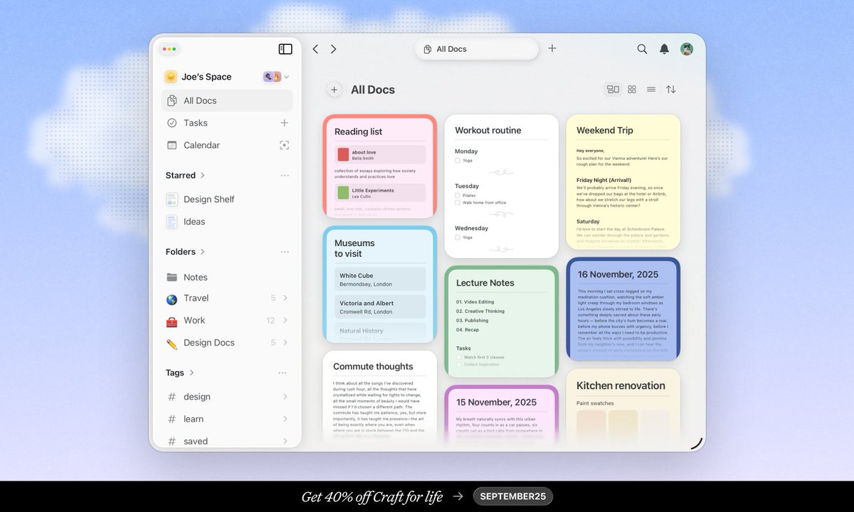 craftdocsapp's tweet image. New look. Smarter flow.
The Liquid Glass update sharpens everything - from OS26 design to Tasks, Tags, Collections, and offline, secure AI.

Celebrate with a 40% lifetime discount 
Ends October 7: craft.do/pricing