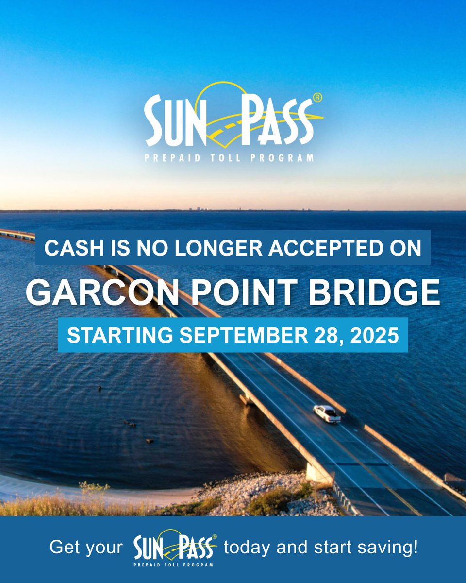 🌉 Sept 28: Garcon Point Bridge goes cashless! Get your SunPass today &amp; start saving. Same tolls, smoother crossings! #SunPass #GarconPointBridge #MySunPassSavings
