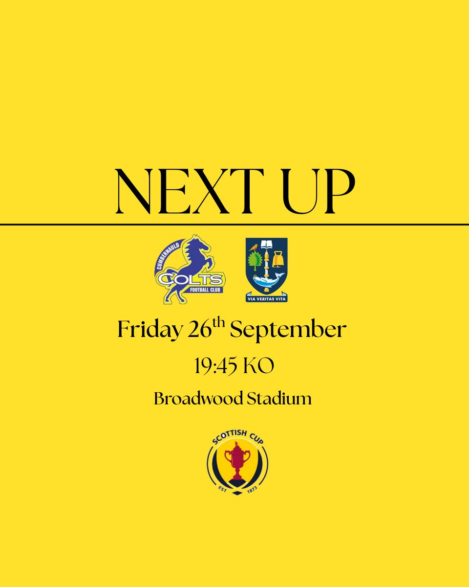 NEXT UP

This Friday we play a massive Scottish Gas Scottish Cup First Round tie, away at Broadwood Stadium facing Lowland League side Cumbernauld Colts.

Kickoff is at 19:45, would be great to see a large backing for our boys.
 
#Scottishcup