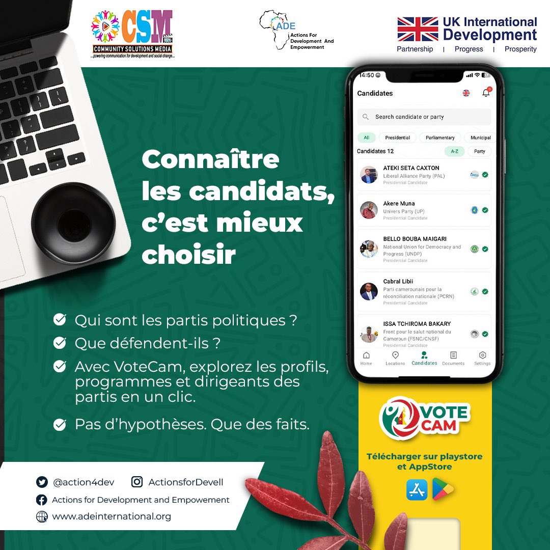 🗳️ With VoteCam, explore Cameroon’s democratic &amp; political landscape.

Be informed. Be empowered. Make your voice count!

👉 Download now &amp; take your first step toward real participation!

#VoteCam #MyVoiceMyPower #CivicEngagement