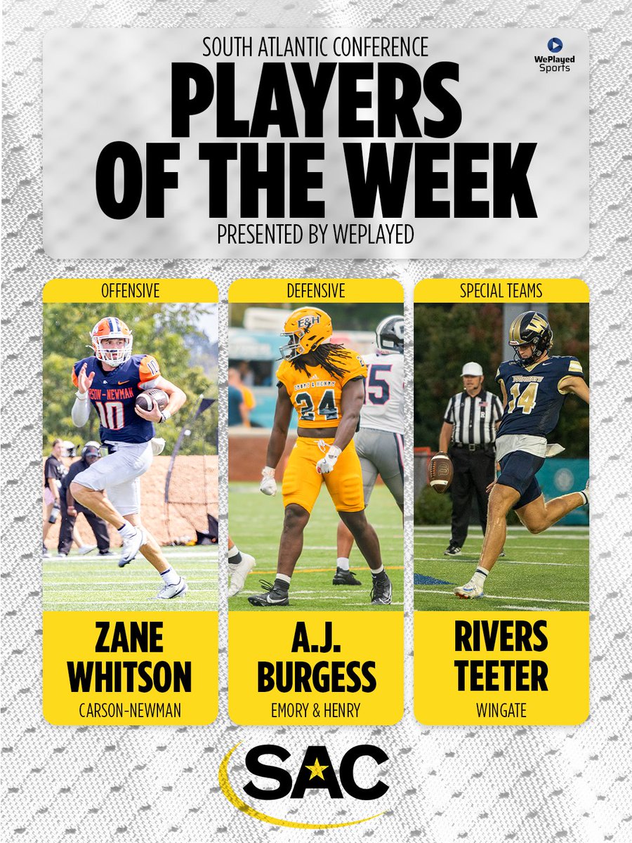 𝑷𝒍𝒂𝒚𝒆𝒓𝒔 𝒐𝒇 𝒕𝒉𝒆 𝑾𝒆𝒆𝒌 🏈       

𝘖𝘧𝘧𝘦𝘯𝘴𝘦: Zane Whitson, <a href="/cnfootball/">Carson-Newman Football</a> (177 rush,123 pass,3 total TD)
𝘋𝘦𝘧𝘦𝘯𝘴𝘦: A.J. Burgess, <a href="/EmoryHenry_FB/">E&H Football</a> (13 tkl, 1 ff)
𝘚𝘱𝘦𝘤𝘪𝘢𝘭 𝘛𝘦𝘢𝘮𝘴: Rivers Teeter, <a href="/WingateFb/">Wingate Bulldogs Football</a> (3 punts inside 5)

<a href="/FloCollegeFB/">FloCollege | Football</a> | <a href="/FloCollege/">FloCollege</a>