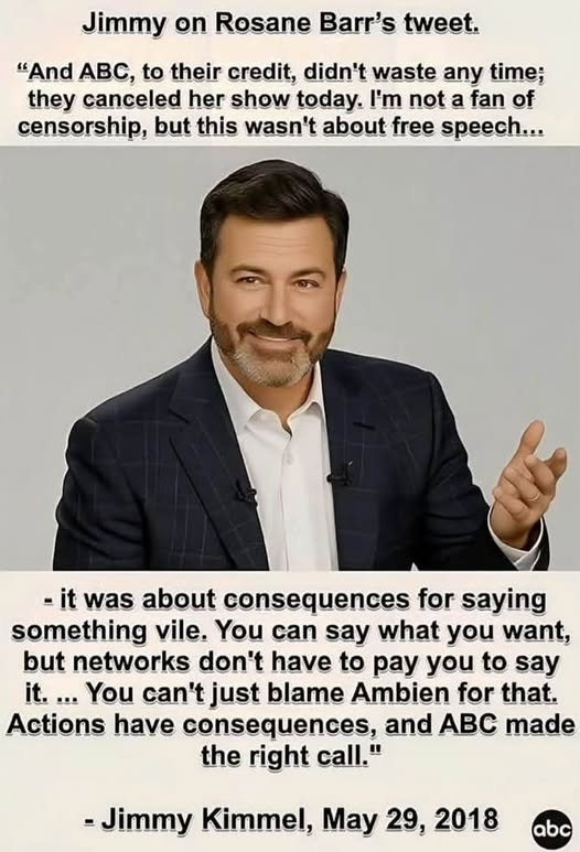 Hey <a href="/ABCNetwork/">ABC</a> <a href="/JimmyKimmelLive/">Jimmy Kimmel Live</a> Remember when you said this about <a href="/therealroseanne/">Roseanne Barr</a> ?  Bye Bye loser.  Go away to another platform to spew your hate and disinformation.