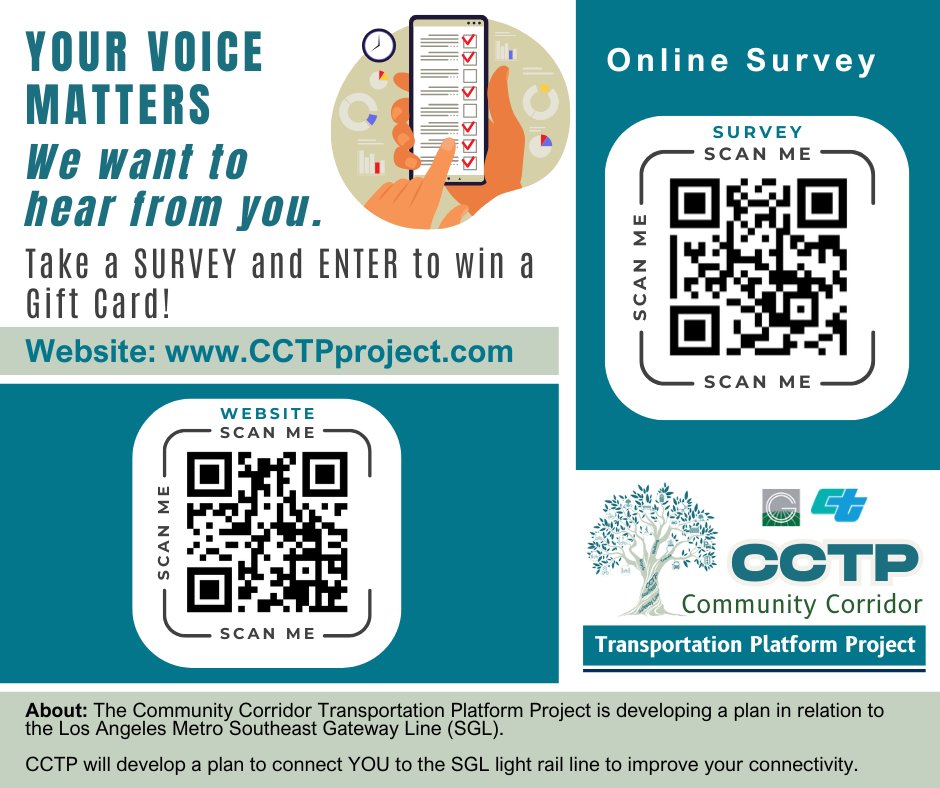 Gateway_COG's tweet image. 📢 Your Voice Matters! 🗣️
We want to hear from YOU!

Help shape the future of transportation in your community by taking a quick survey and enter a chance to win a gift card! 🎁

👉 Scan the QR code to participate or visit:
🌐 CCTPproject.com