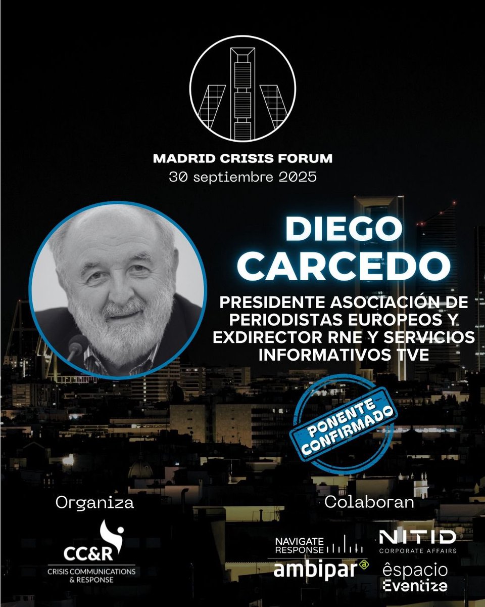 Contaremos en #MadridCrisisForum con la visión única de una leyenda del periodismo: <a href="/CarcedoDiego/">Diego Carcedo</a>, Presidente de <a href="/apeuropeos/">Asociación de Periodistas Europeos</a>

Su consejo: "Prevenir es mejor que lamentar y esto cobra especial relevancia cuando se está disfrutando del éxito"

👉Info en madridcrisisforum.com