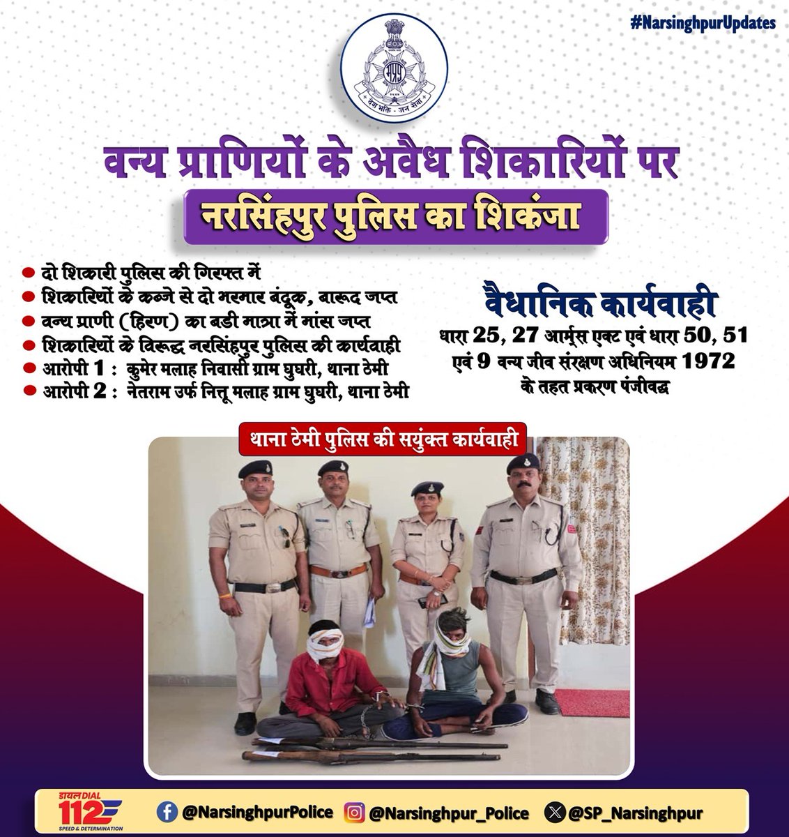 SP_Narsinghpur's tweet image. नरसिंहपुर पुलिस की अवैध हथियारों एवं Spotted Deer/चीतल के शिकारियों पर बड़ी कार्यवाही
#narsinghpurupdate
#narsinghpurpolice
