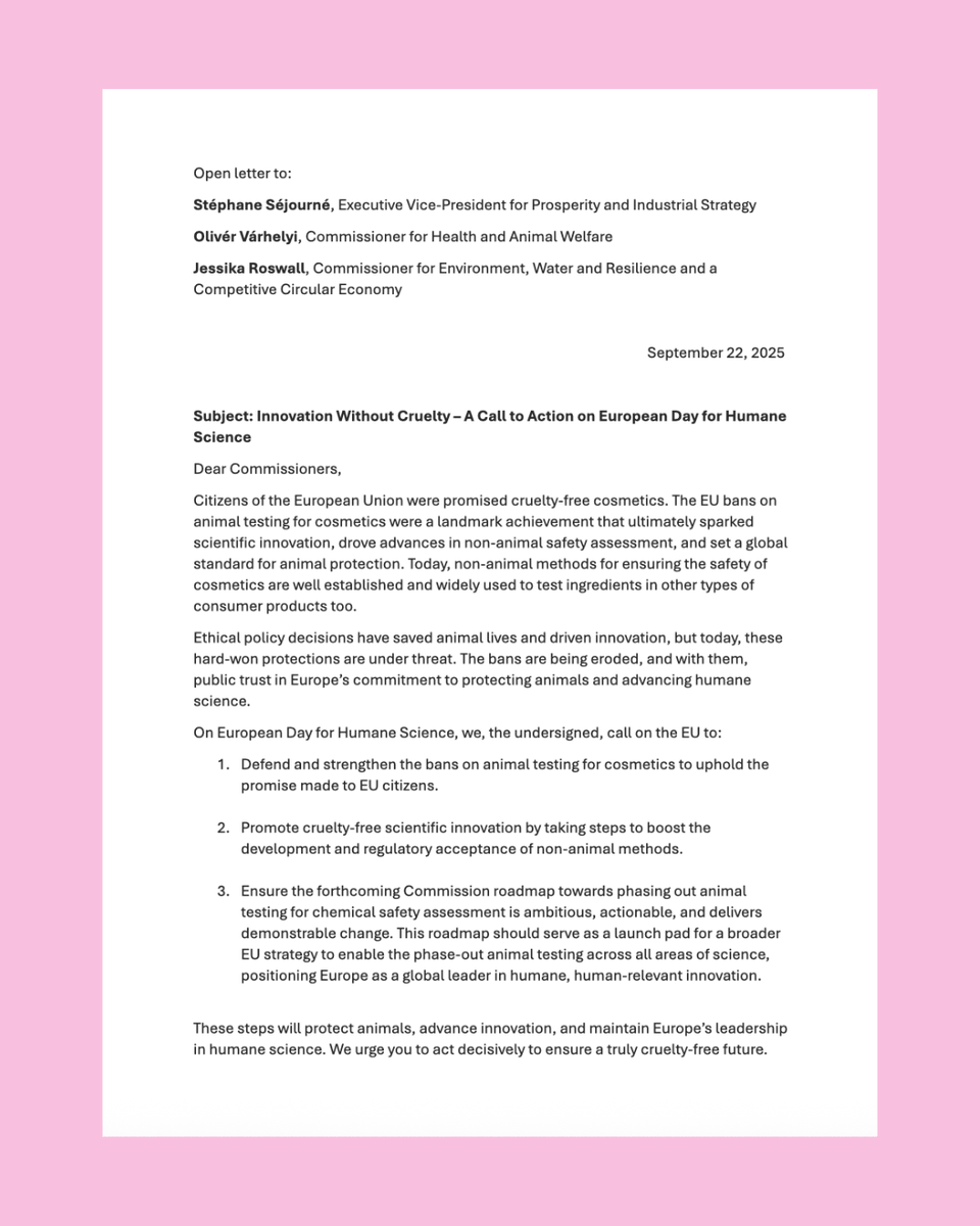 CrueltyFreeEU's tweet image. The European Union’s cosmetics animal testing bans saved animals and drove innovation. But loopholes are undermining that promise.

We urge the @EU_Commission to defend cruelty free cosmetics and strengthen Europe’s leadership in humane science. #EuropeanDayForHumaneScience