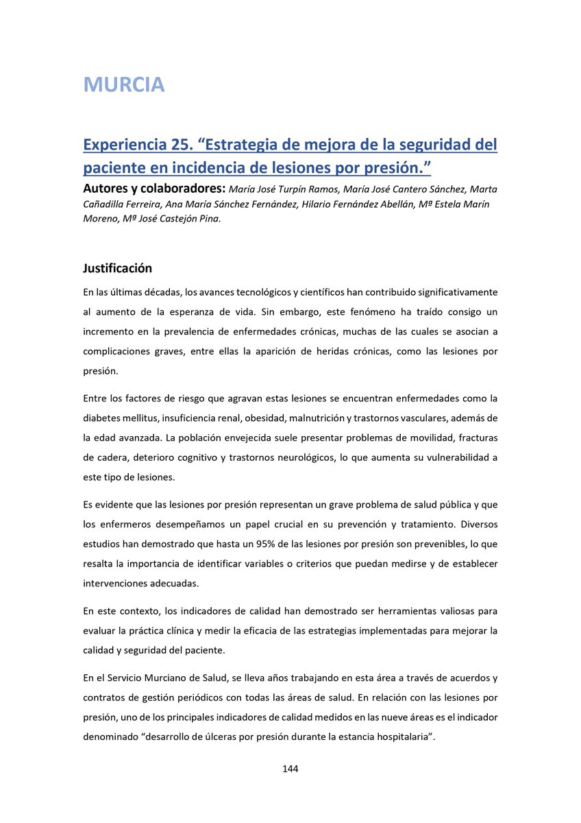 Se ha publicado el documento que recoge las principales experiencias en Seguridad del Paciente de las CCAA <a href="/sanidadgob/">Ministerio de Sanidad</a> 

El <a href="/Area9VegaAlta/">Área IX Vega Alta</a> de <a href="/Murciasalud/">Murciasalud</a>  ha participado con su estrategia para el descenso de lesiones por presión en el paciente durante su atención hospitalaria.