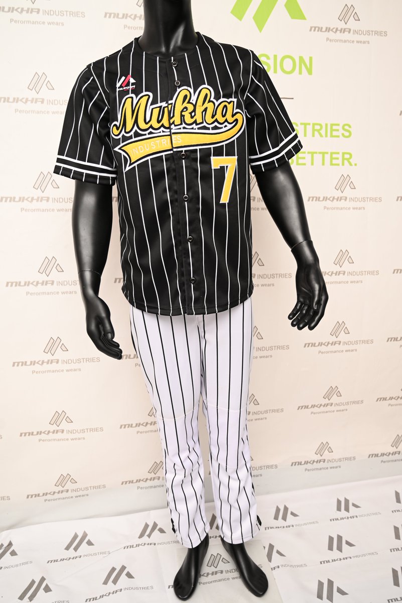 ⚾ Step up your game with our custom pinstripe baseball uniform by Mukha Industries!
Featuring a bold black base with white vertical stripes, this set delivers both classic style and modern performance. 

For Contact :
WhatsApp :+92 333 8606 945
Email: info@mukhaind.com