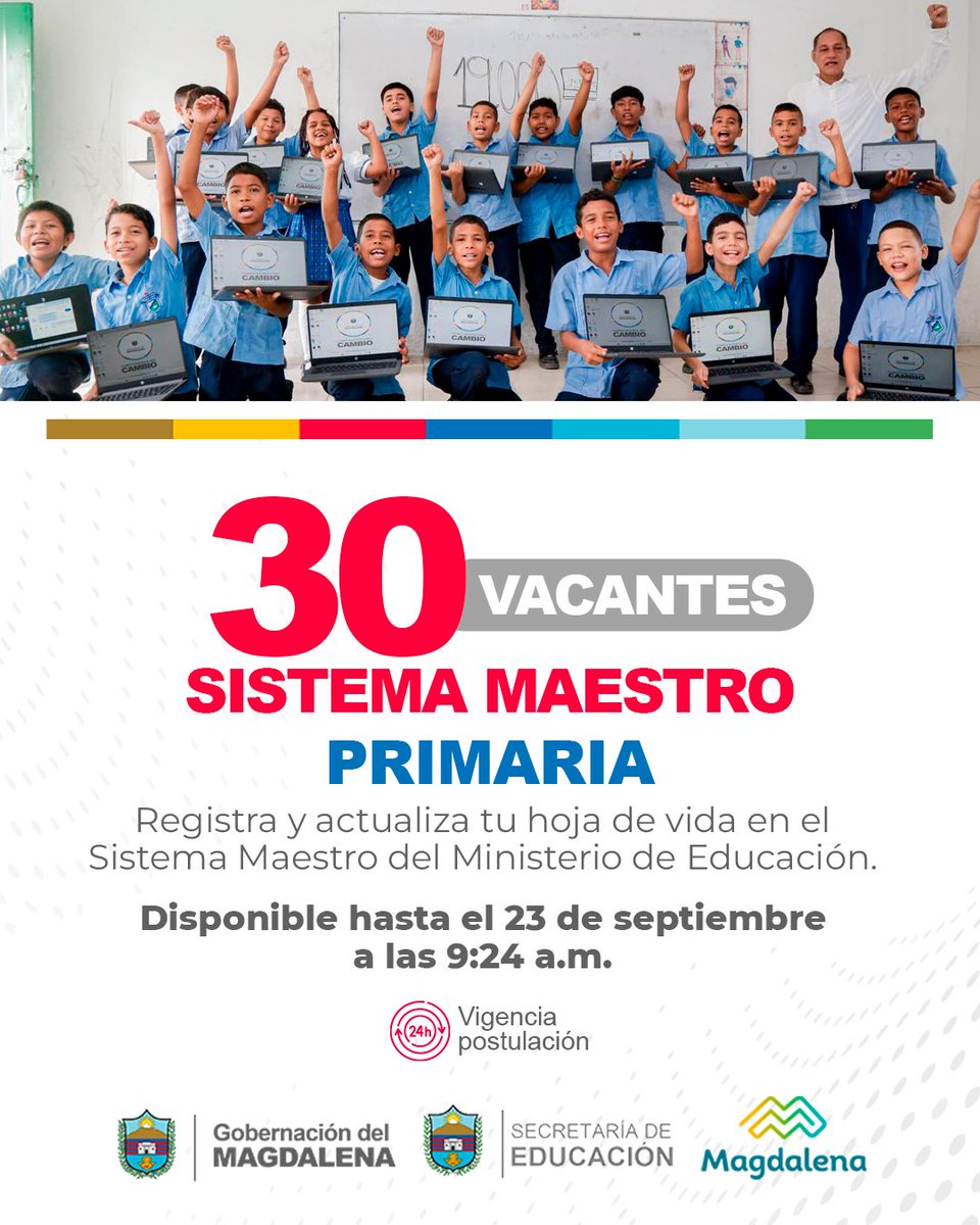 🚨 ¡Atención docentes!
👉 Se abren 30 vacantes en el Sistema Maestro - Primaria en:
Algarrobo, Aracataca, Ariguaní, Cerro de San Antonio, Chibolo y El Banco.

⏳ Postulación hasta el 23 de septiembre | 9:24 a.m.