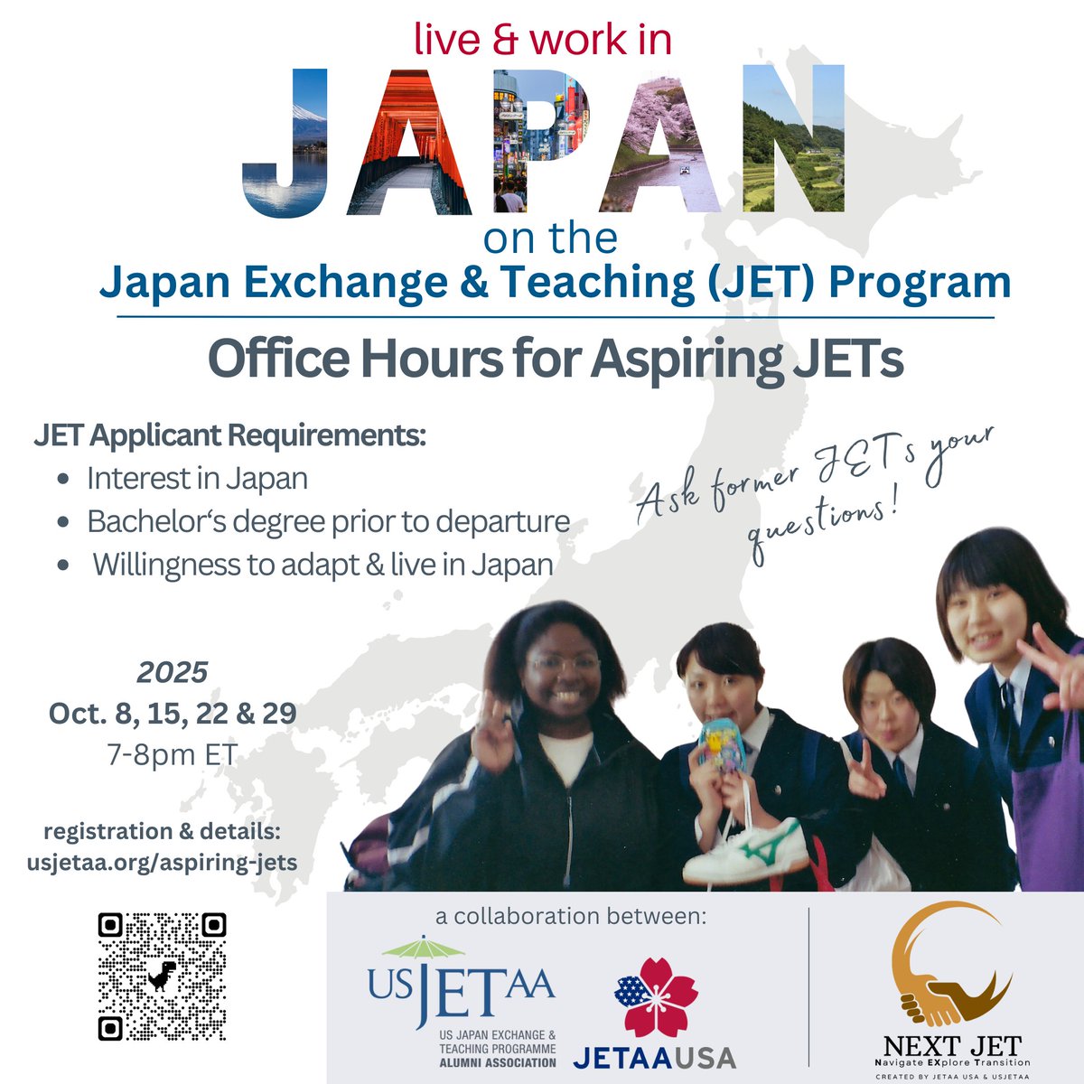 Our alumni associations, @USJETAA and <a href="/JETAAUSA/">JETAA USA</a>, are hosting Office Hours for aspiring JET participants! This is your opportunity to ask questions to #JETProgram alumni &amp; coordinators about the upcoming 2026 Program cycle. Register today for a session at usjetaa.org/aspiring-jets!