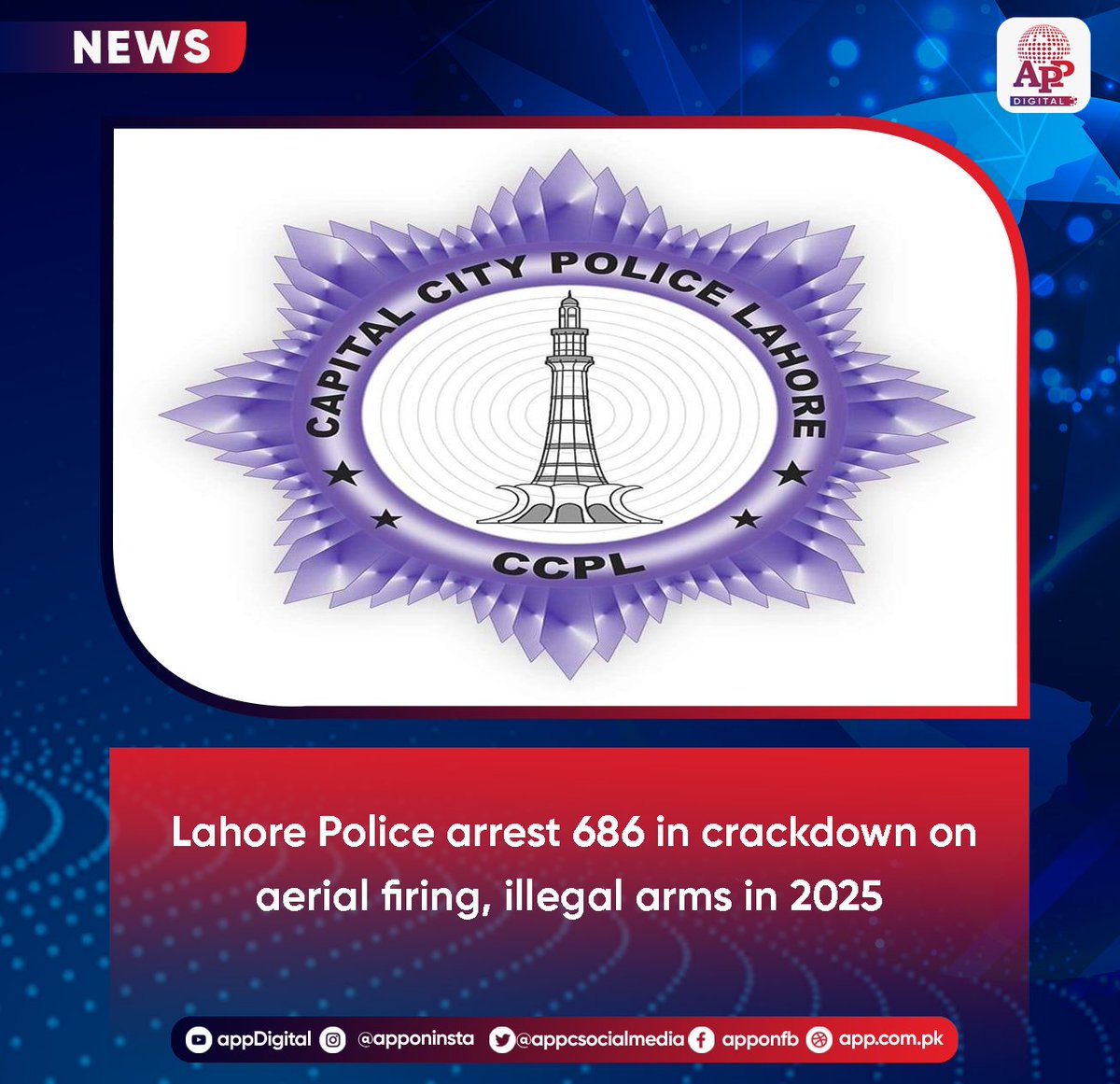 appcsocialmedia's tweet image. Lahore Police have intensified their ongoing crackdown against aerial firing and illegal possession of firearms, arresting 686 individuals and registering 553 First Information Reports (FIRs) related to aerial firing incidents during the current year.
#LahorePolice #Crackdown