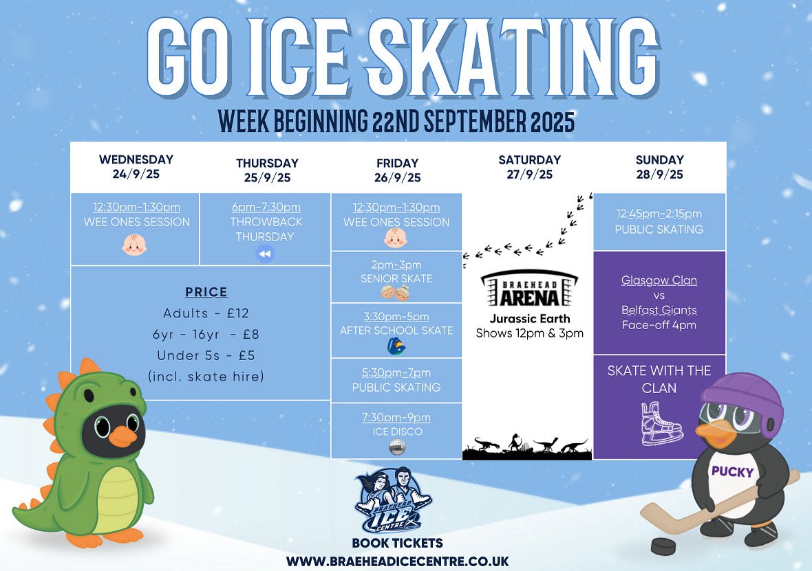 𝑾𝒉𝒂𝒕’𝒔 𝑶𝒏 𝑻𝒉𝒊𝒔 𝑾𝒆𝒆𝒌: 𝑺𝒌𝒂𝒕𝒊𝒏𝒈, 𝑯𝒐𝒄𝒌𝒆𝒚 &amp; 𝑭𝒂𝒎𝒊𝒍𝒚 𝑭𝒖𝒏! ❄️

From Wee Ones sessions and Throwback Thursdays, to Senior Skates, Ice Discos and Public Skating—there’s sessions for all ages to enjoy! ⛸️
🎟️ bit.ly/IceCentreTicke…

🦖 Jurassic Earth 
📅