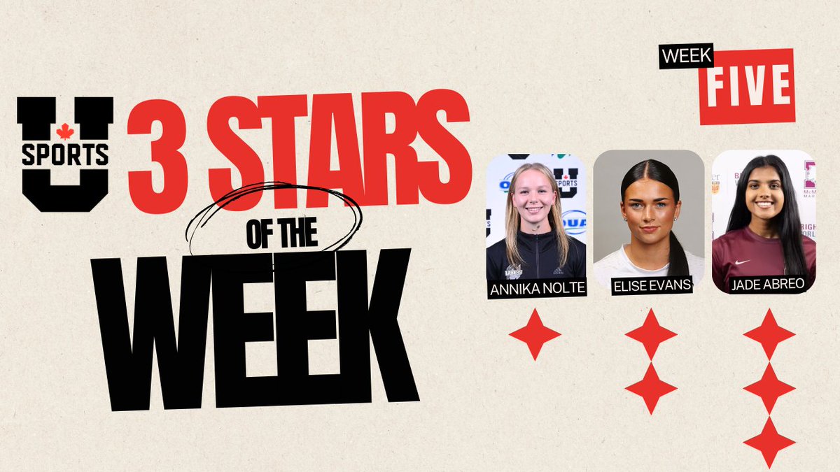 A 5 point weekend highlights Week 5. ✨

Here are our 3 stars for Week 5 of the 2025 U Sports Women's soccer season.

Annika Nolte (3G, 2A in 2 matches)
Elise Evans (3G, 1A in 2 matches)
Jade Abreo (3G, 1A in 2 matches)