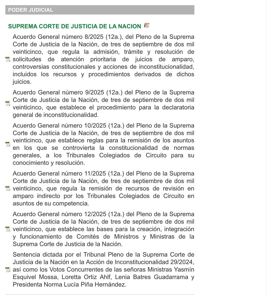 🗳️🔖 HOY LA NUEVA CORTE PUBLICA CINCO ACUERDOS GENERALES EN EL DIARIO OFICIAL

Échenle revisión y en particular el acuerdo general de 8/2025 que regula la admisión, trámite y resolución de solicitudes de atención prioritaria de juicios de amparo, controversias constitucionales y