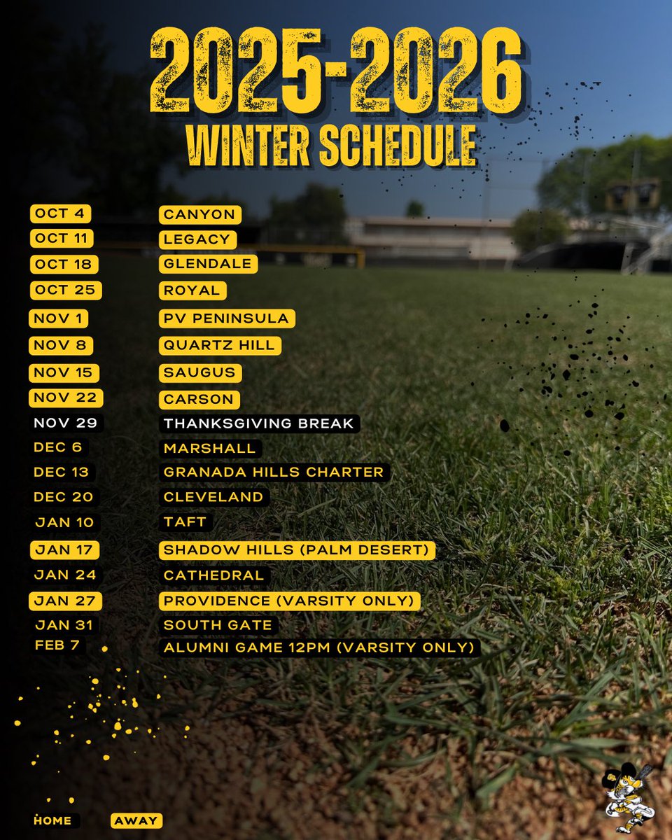 Our Varsity Winter Schedule for 2025-2026. Alumni Game will be on February 7, 2026.