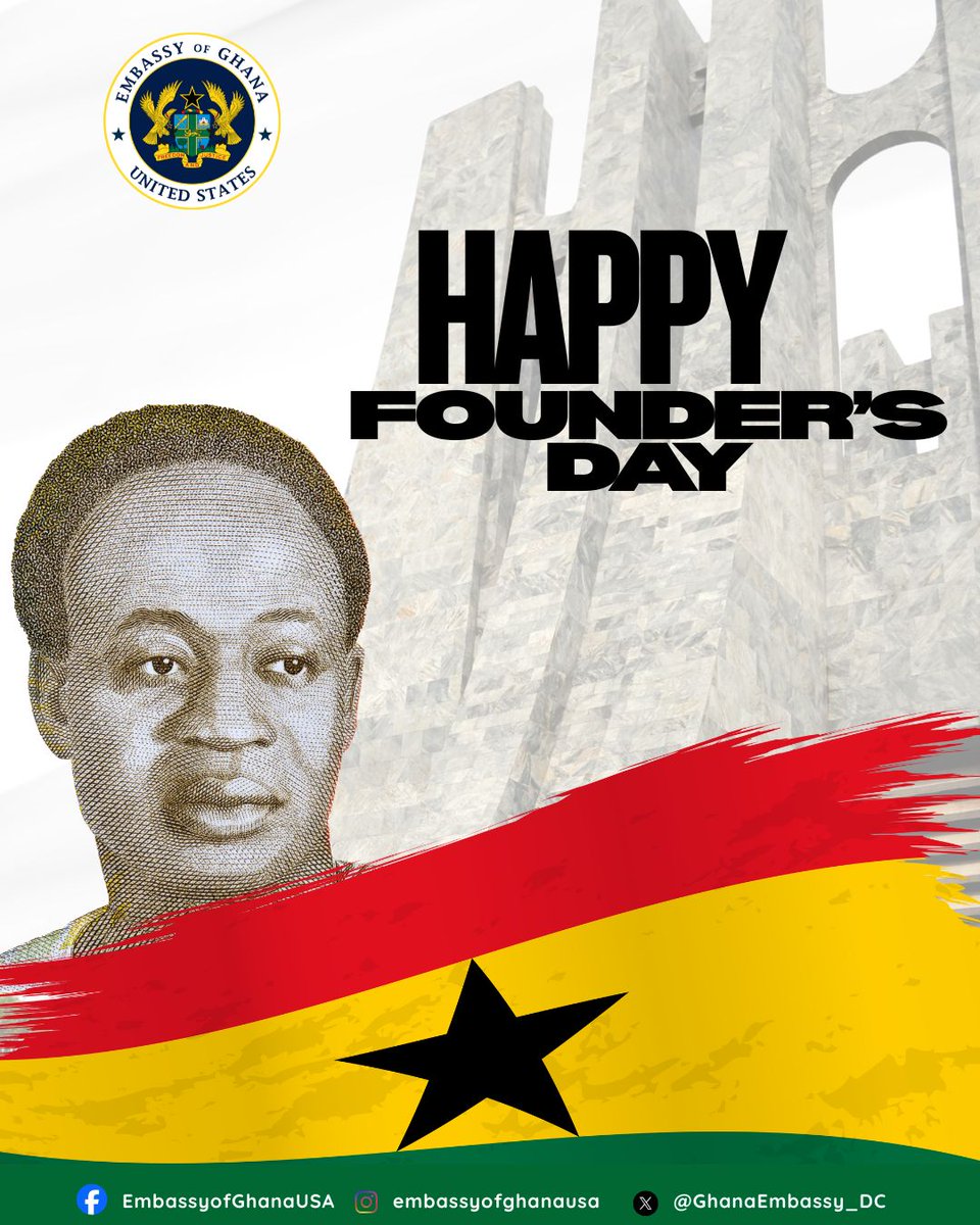Happy Founder's Day, Ghana! 
Today, we celebrate the legacy of Osagyefo Dr. Kwame Nkrumah, the visionary leader who paved the way for our nation's independence and progress.
Let's honor his ideals of unity, self-determination, and pan-Africanism that echoed around the globe.