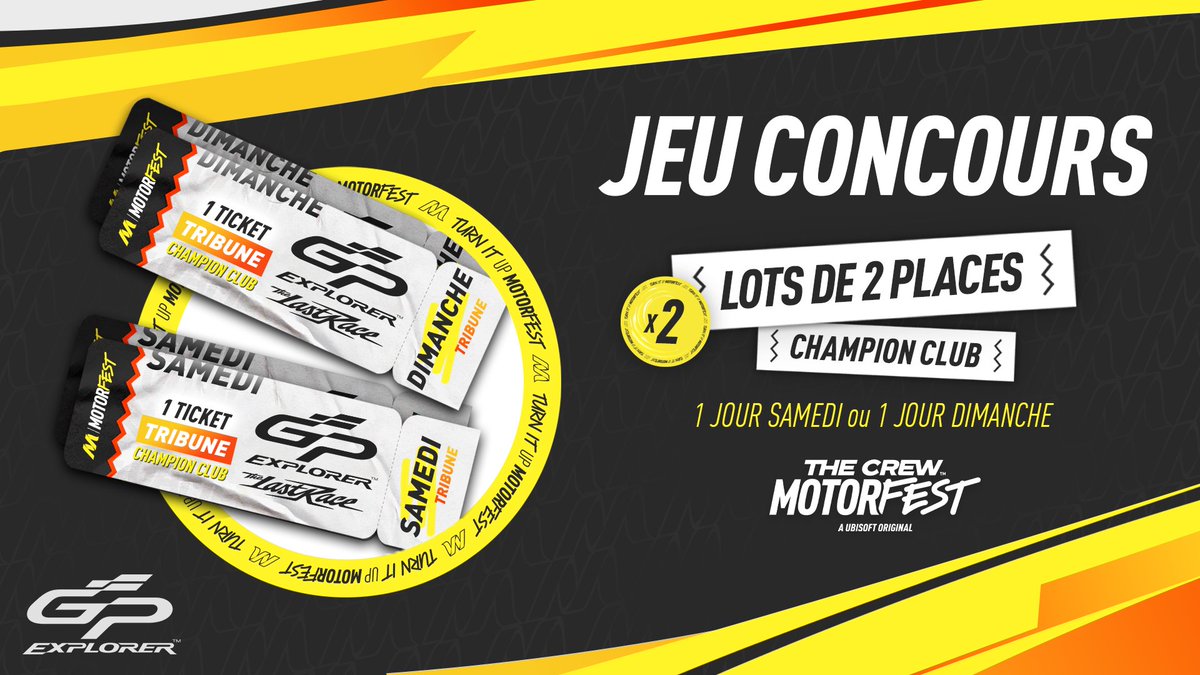 JEU CONCOURS 🏎️💨

On fait gagner 2️⃣ lots de 2️⃣ places journée Tribune CHAMPION CLUB pour aller voir le #GPExplorer - The Last Race (+ notre stand sur place) ! 🎁🤩

❤️ Aimer ce post
💬 Commenter le jour souhaité (samedi ou dimanche)
✅ S'abonner au compte <a href="/TheCrewFR/">The Crew FR</a>

TAS 25/09