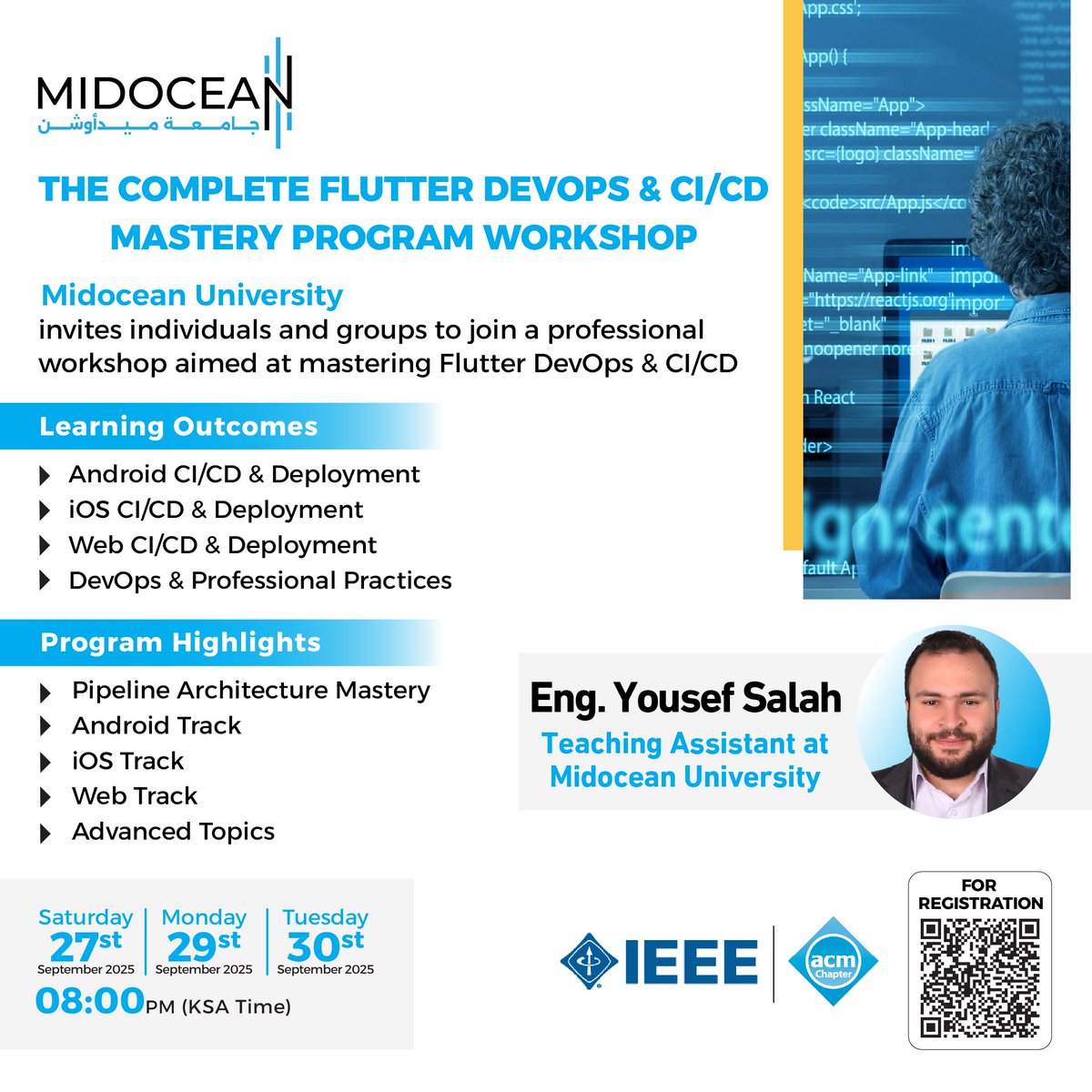 MidoceanEduKm's tweet photo. You can now register for "The Complete Flutter DevOps &amp; CI/CD Mastery Program" workshop by scanning the QR code below. 
#جامعة_ميدأوشن 
#MidoceanUniversity https://t.co/OorxnM040j
