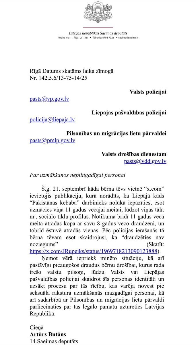 Aicinu <a href="/Valsts_policija/">Valsts policija</a> rīkoties “Pakistānas kebaba” incidenta gadījumā Liepājā, pārbaudīt video ierakstus un migranta tālruņa saturu, kā arī pārbaudīt migranta legālās uzturēšanās pamatojumu, lai pārkāpuma gadījumā izraidītu no Latvijas. 
<a href="/liepajalv/">Liepāja</a> <a href="/JRupeiks/">Jānis Rupeiks</a> <a href="/Valsts_drosiba/">Valsts drošības dienests</a>