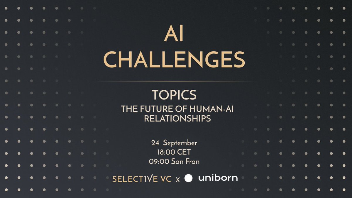 SelectiveVC's tweet image. AI Challenges Topics
The Future of Human-AI Relationships — what’s coming & what it means
Want to join the conversation?
Register now👉 selectivevc.com/ai-challenges
#AIChallenges #SelectiveVC #HumanAI #FutureOfAI #EmotionAI #EthicsInAI #Relationships
