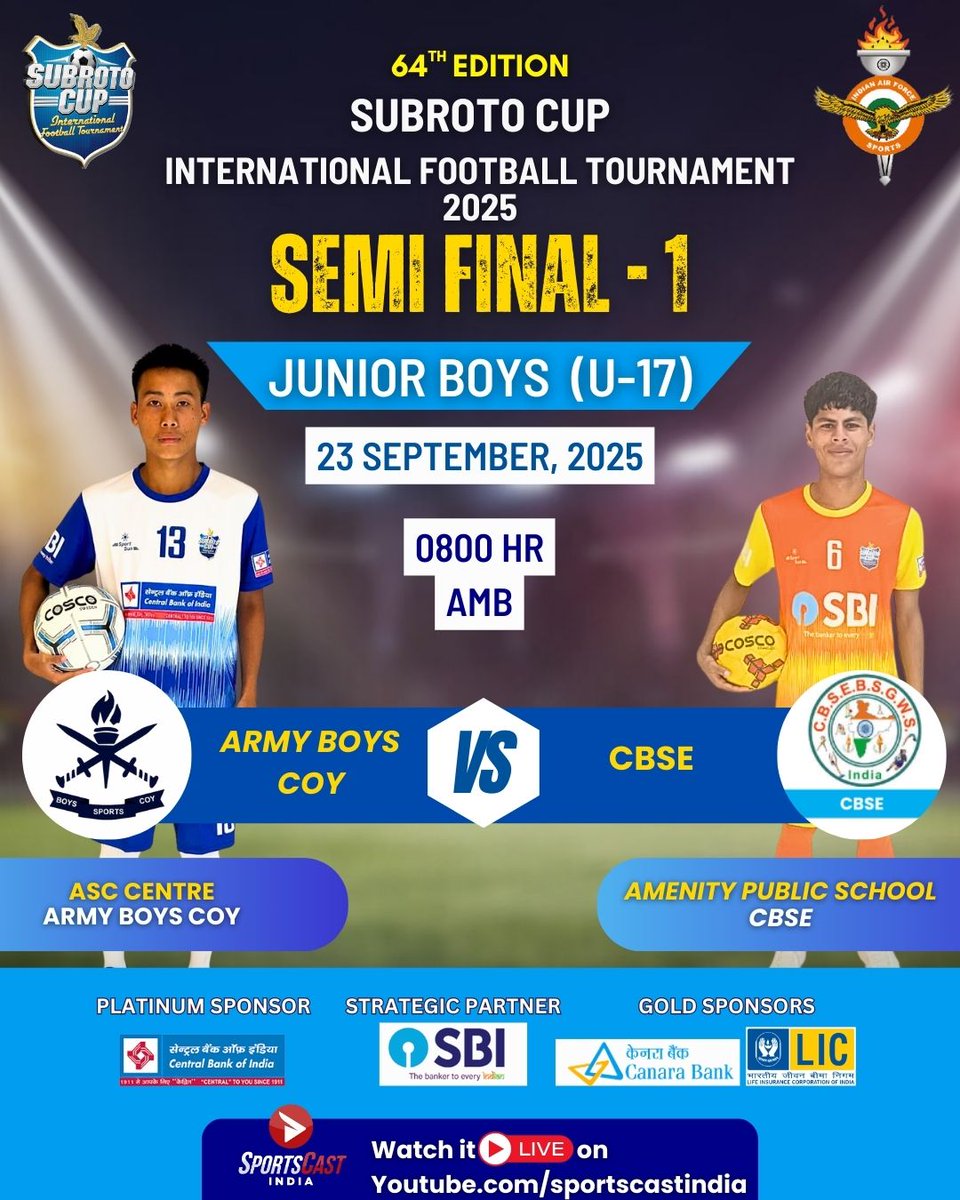 CupSubroto's tweet photo. Semi Final 1 | Junior Boys (U-17) | 64th Subroto Cup
Army Boys Coy (ASC Centre) 🆚 CBSE (Amenity Public School)
📅 23 Sept 2025 | 🕗 08:00 AM | 📍AMB https://t.co/klmzqXrnRQ