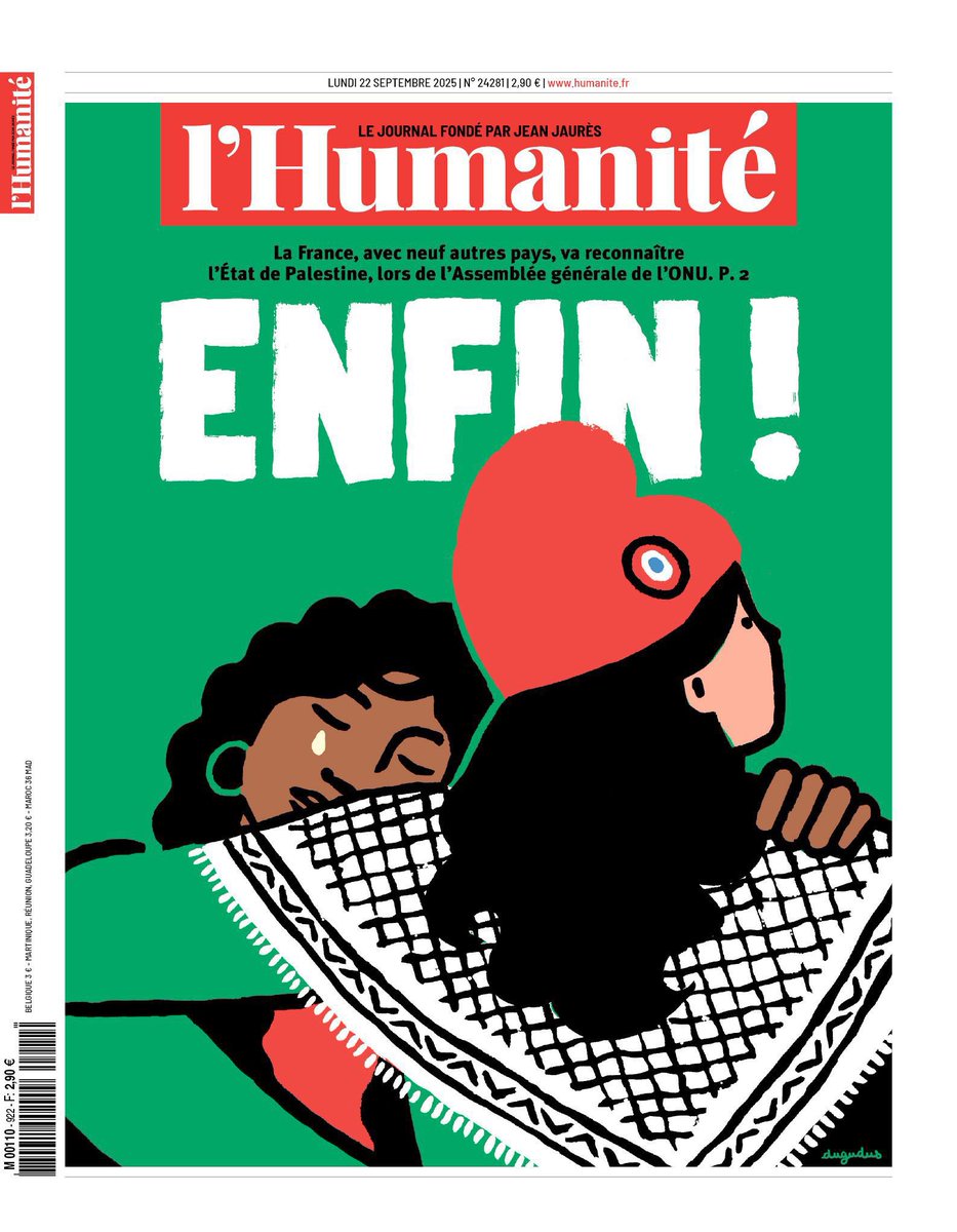 Hamid_BENALI21's tweet photo. L’on nous convie à l’ivresse d’un mot. Enfin ! Comme si l’Histoire, lasse de ses retards, se résumait en une exclamation triomphale. Certes, la reconnaissance de l’État de #Palestine par la #France est un acte que l’on peut qualifier d’historique. Mais que vaut une proclamation si les canons tonnent encore, si les bombes labourent toujours les villes, si les enfants meurent dans les décombres ?

#Marianne , affublée de son bonnet phrygien, se prête à l’embrassade symbolique. Mais derrière l’allégorie se cache la cruelle ironie ! La #République reconnaît d’une main et arme de l’autre. Les trafics meurtriers se poursuivent, les cargaisons de mort ne connaissent pas de trêve et l’on se félicite d’avoir su trouver les mots, quand on refuse obstinément de poser les actes.

Alors non, Marianne n’a libéré personne. Elle s’est contentée de signer une déclaration dans les salons feutrés de la diplomatie, pendant que les ruines s’accumulent sous les cris des survivants. Et l’on voudrait que nous applaudissions. Certaines hypocrisies se parent des atours du courage mais, sous le vernis, révèlent toute la lâcheté de leur calcul.

Ceux qui applaudissent ce théâtre de dupes se contentent d’un décor peint alors que la tragédie se poursuit derrière le rideau.
@humanite_fr