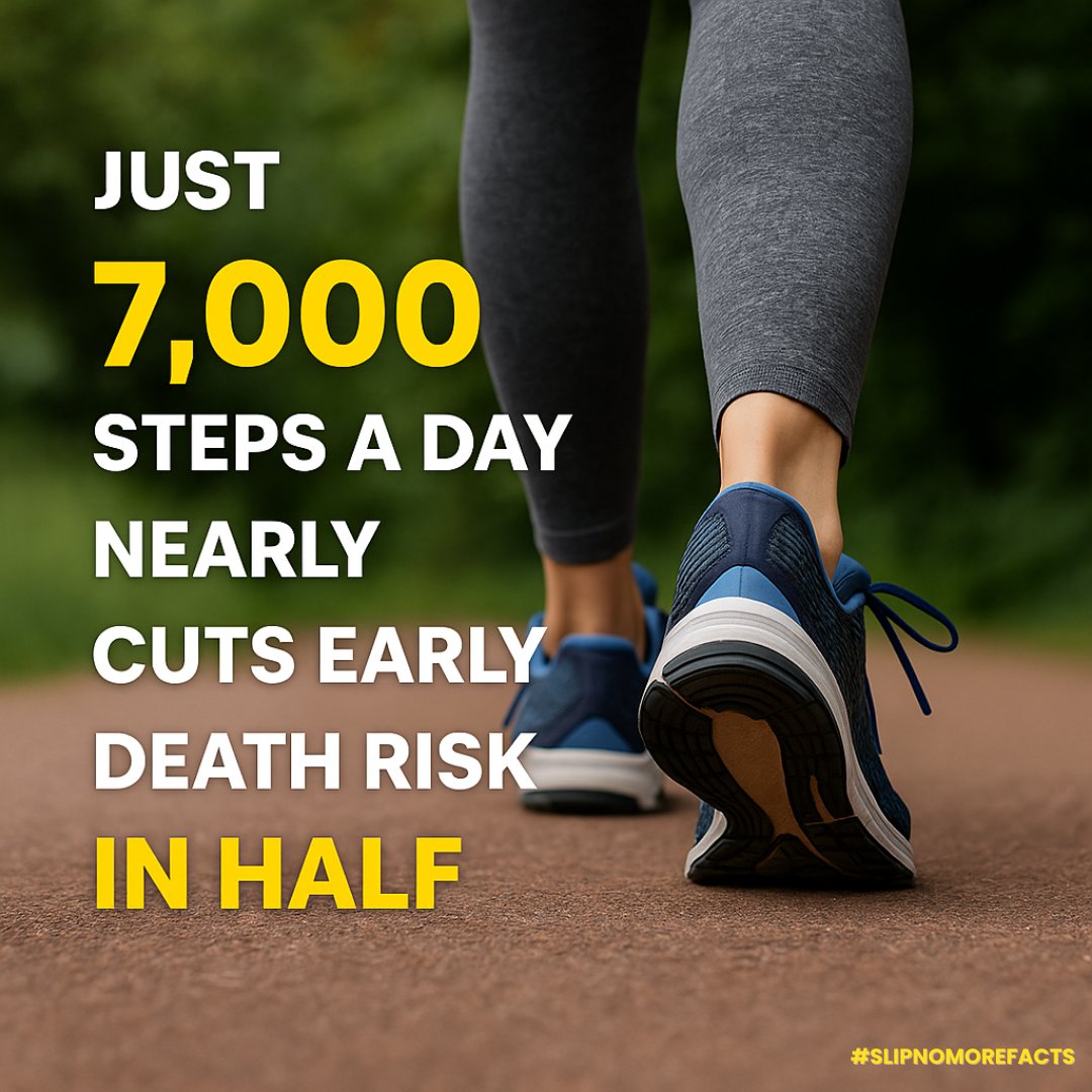 🚶 Forget 10,000 steps…
Just 7,000 steps a day cuts early death risk by nearly 50%.
Smaller number. Bigger impact.
#SlipNoMoreFacts
