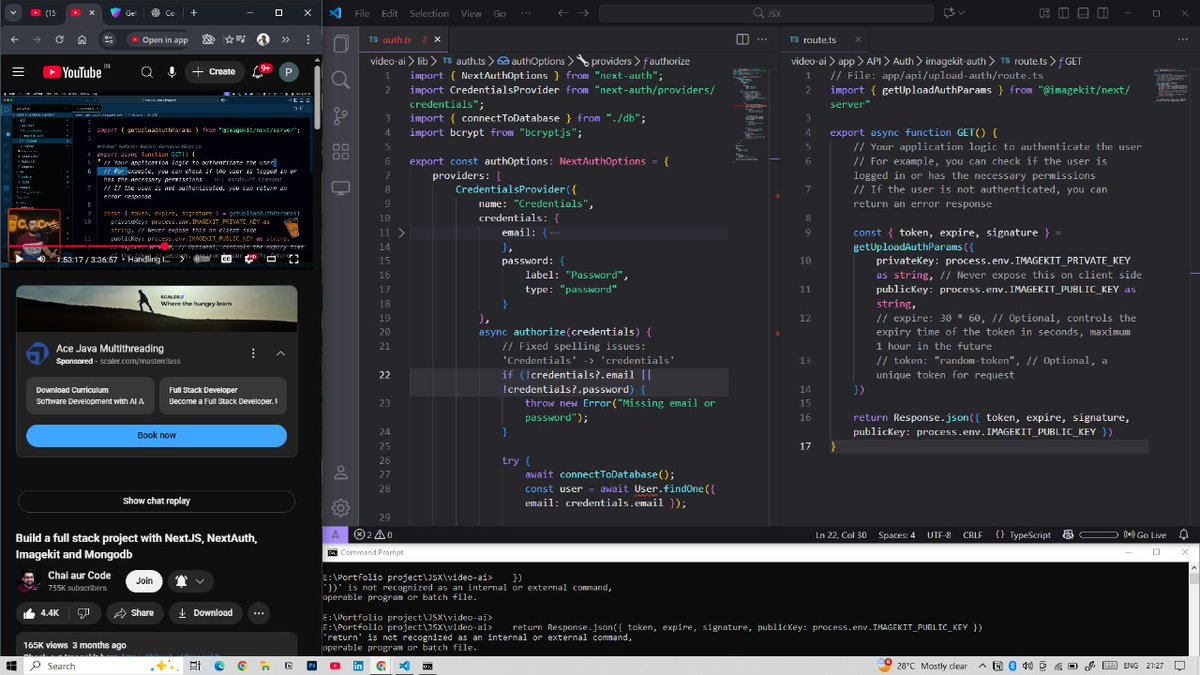 portraitcoder's tweet image. Day 3 – Video-AI Project
Boss fight: Auth + Images 🎮⚔️
✅ NextAuth (callbacks, sessions, routes)
✅ JWT security 🛡️
✅ ImageKit + AI ImageKit 🖼️
✅ TS routes + lib setup
Next: frontend login/register + middleware 🚀
#NextJS #AI #oyeportraitwala