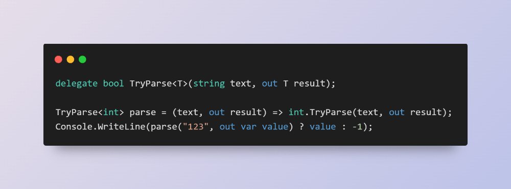 roxeems's tweet image. In C# 14, you can now add &apos;out&apos;, &apos;ref&apos;, &apos;in&apos;, &apos;scoped&apos;, or &apos;ref readonly &apos; to simple lambda parameters without specifying types.

#csharp #dotnet #dotnet10