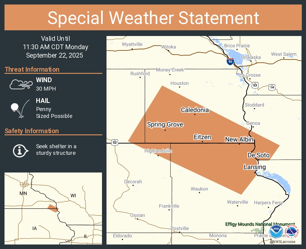 A special weather statement has been issued for Caledonia MN, Spring Grove MN and  Lansing IA until 11:30 AM CDT