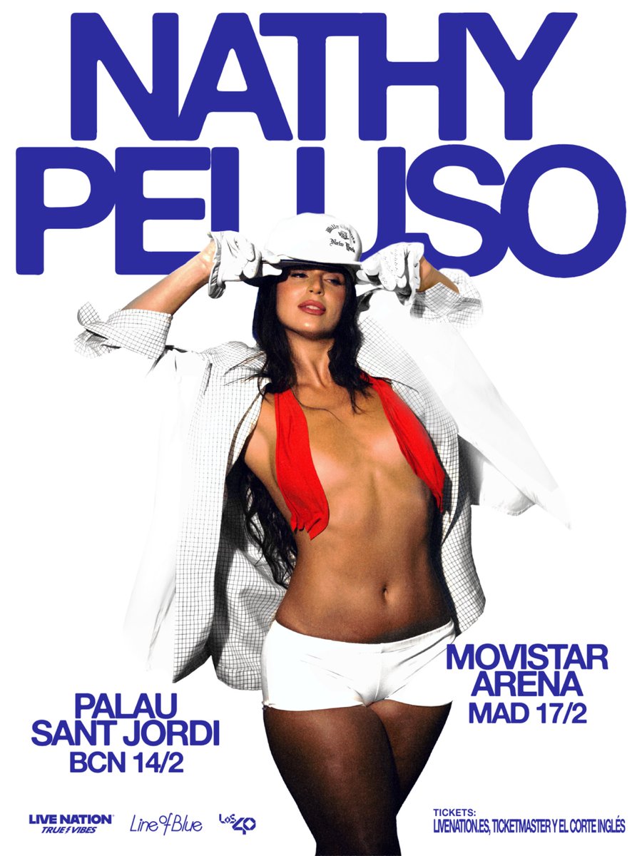 Nathy Peluso posing with a white jacket open, revealing a red top and white shorts. She wears a cap and white gloves, standing against a background with blue and white text. The text includes "NATHY PELUSO" in large letters, "PALAU SANT JORDI BCN 14/2," and "MOVISTAR ARENA MAD 17/2."