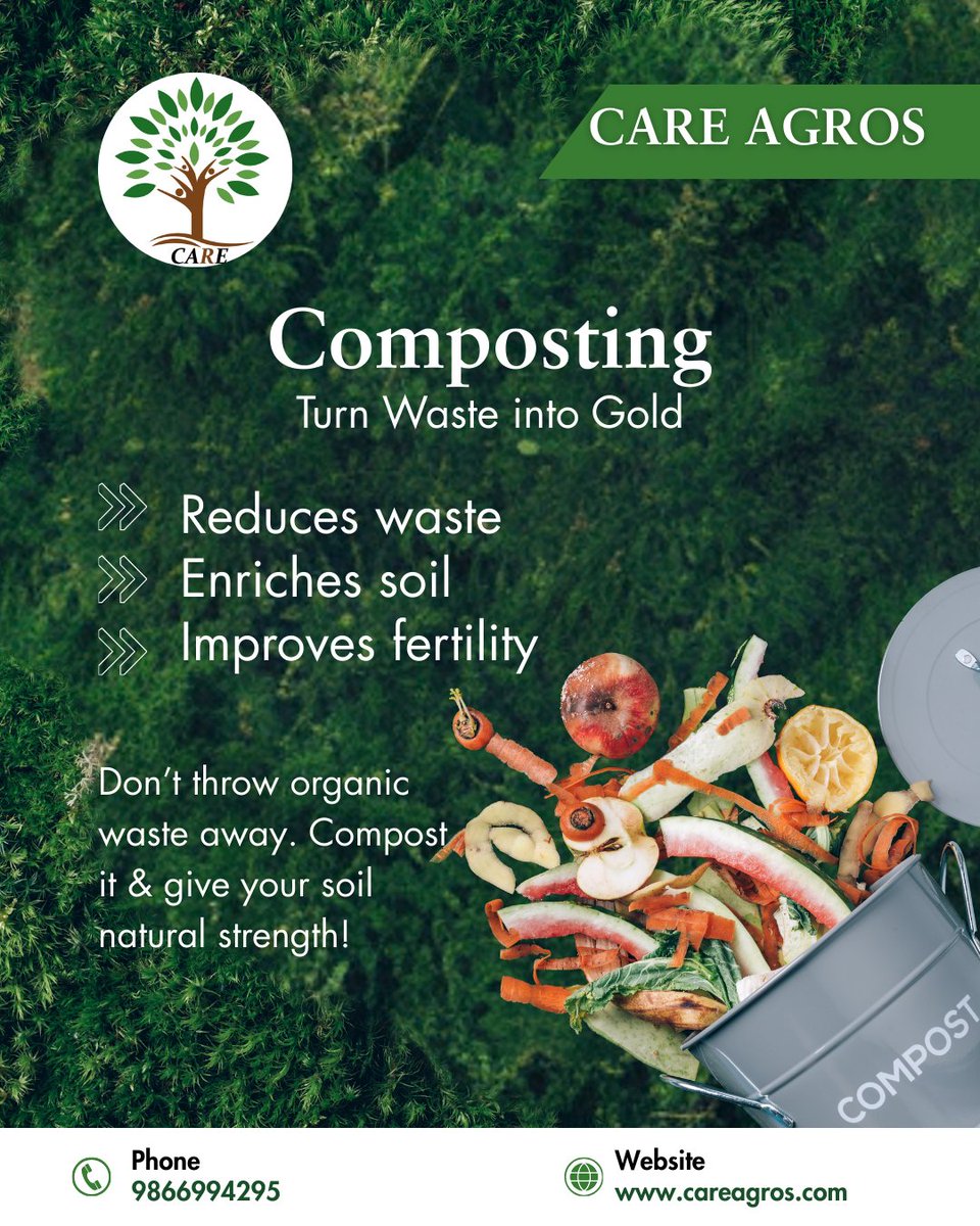careagros123's tweet image. ♻️ Don’t throw organic waste away. Compost it &amp;amp; give your soil natural strength.

Start composting today for healthier crops!

#CompostingTips #SoilCare #WasteToWealth #SustainableFarming #OrganicFarming #CropCare