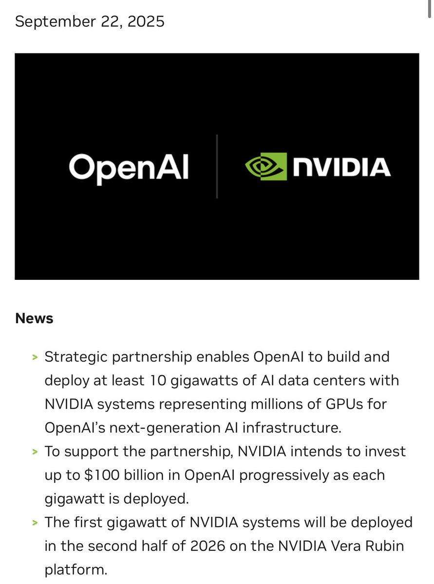 NEWS: Nvidia has announced it plans to invest up to $100 billion in OpenAI.

The two companies are partnering to build and deploy at least 10 gigawatts of AI data centers with NVIDIA systems representing millions of GPUs for OpenAI’s next-generation AI infrastructure.

The first