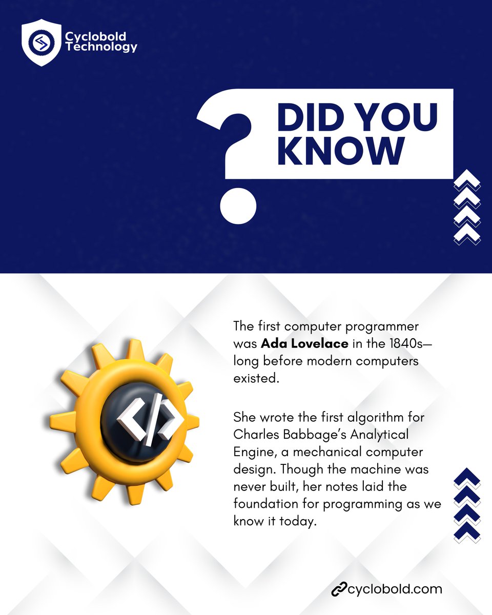 cyclobold's tweet image. Did You Know?
The world’s first computer programmer wasn’t a man in Silicon Valley. It was Ada Lovelace in the 1840s.

At Cyclobold Tech School, we empower you with the skills to shape the future of tech.

👉 cyclobold.com

#CycloboldTech #DidYouKnow #TechTrivia