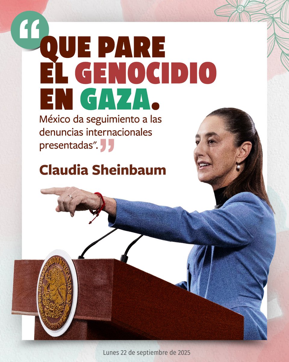 “Que pare al genocidio en Gaza”; presidenta <a href="/Claudiashein/">Claudia Sheinbaum Pardo</a>
Marzo de 2025: Nadya Rasheed, reconocida como embajadora de Palestina en México.
Desde 2018 hay seguimiento a denuncias internacionales.
En 2024 se pide a la Corte Penal Internacional investigar crímenes de guerra en Gaza