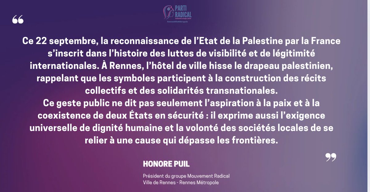 🇵🇸En l’honneur de la reconnaissance de l’État palestinien par la France, #Rennes hisse le drapeau palestinien, symbole d’espérance et de paix.
Cc <a href="/HonorePuil/">Honoré Puil</a>