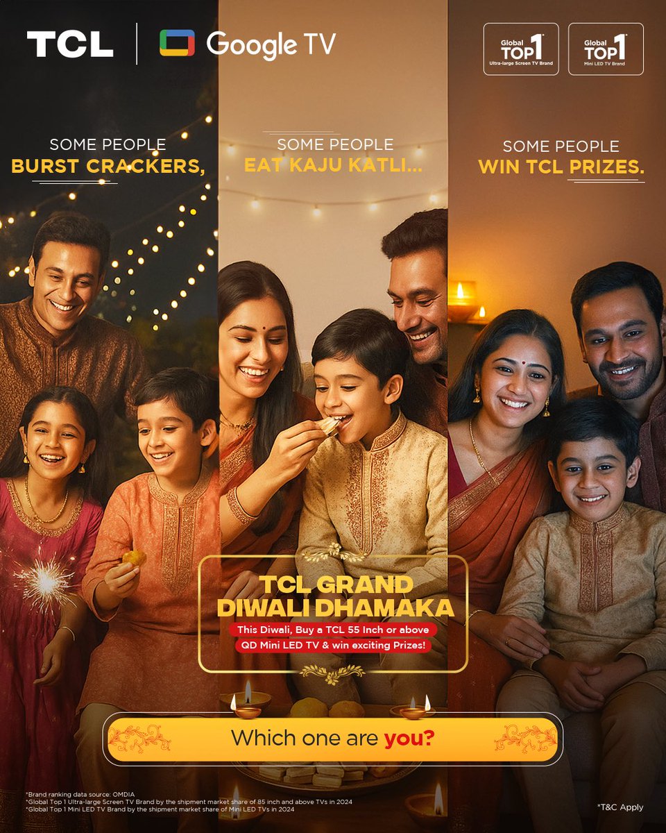 tcl_india's tweet photo. This Diwali, some burst crackers, some binge on kaju katli… but the smart ones win BIG with TCL! 🪔✨
Which one are you? 👀

#TCLDiwaliDhamaka #FestiveVibes #WinWithTCL #Diwali2025 #CelebrateWithTCL https://t.co/NXMDweJuI1