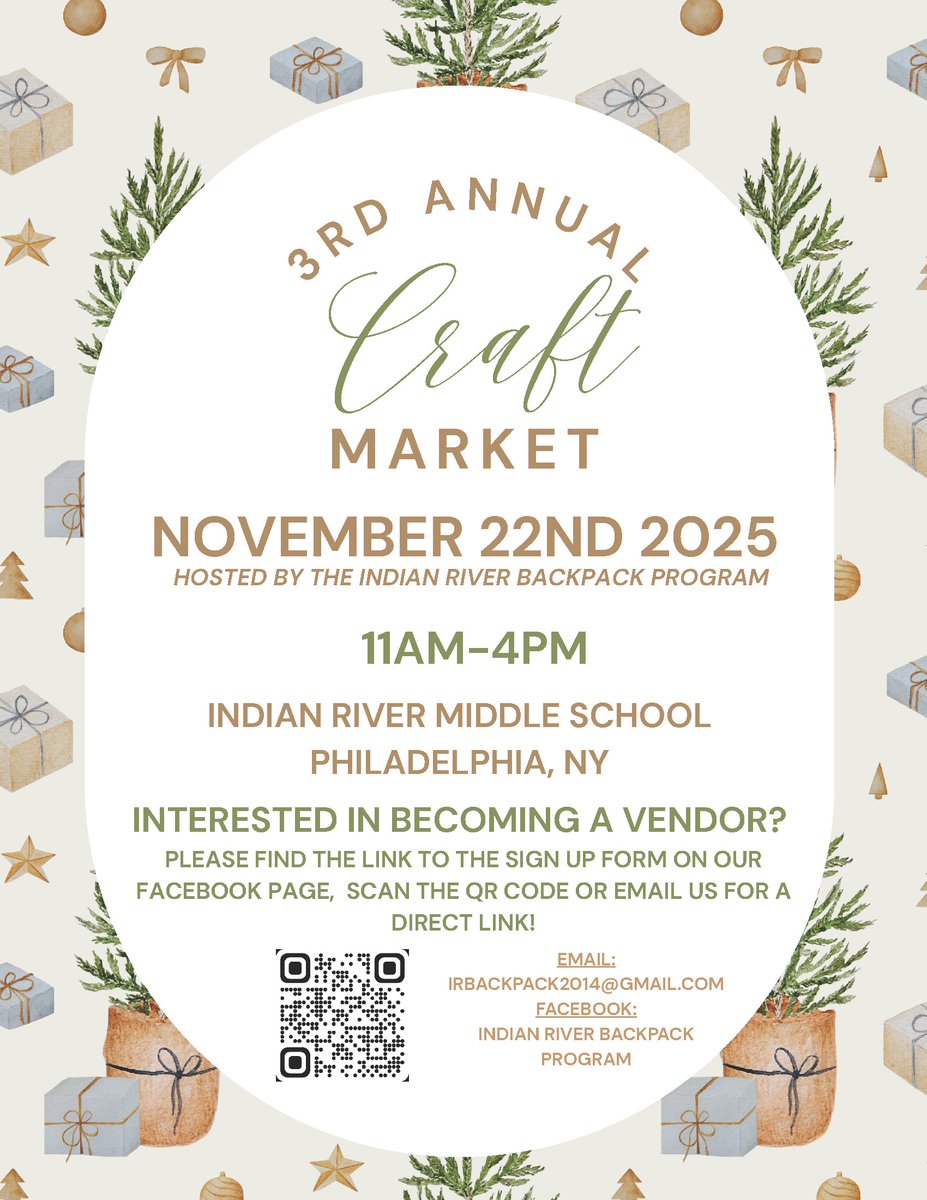 Third-Annual Indian River Backpack Program Craft Market - November 22, 2025: parentsquare.com/feeds/59125161